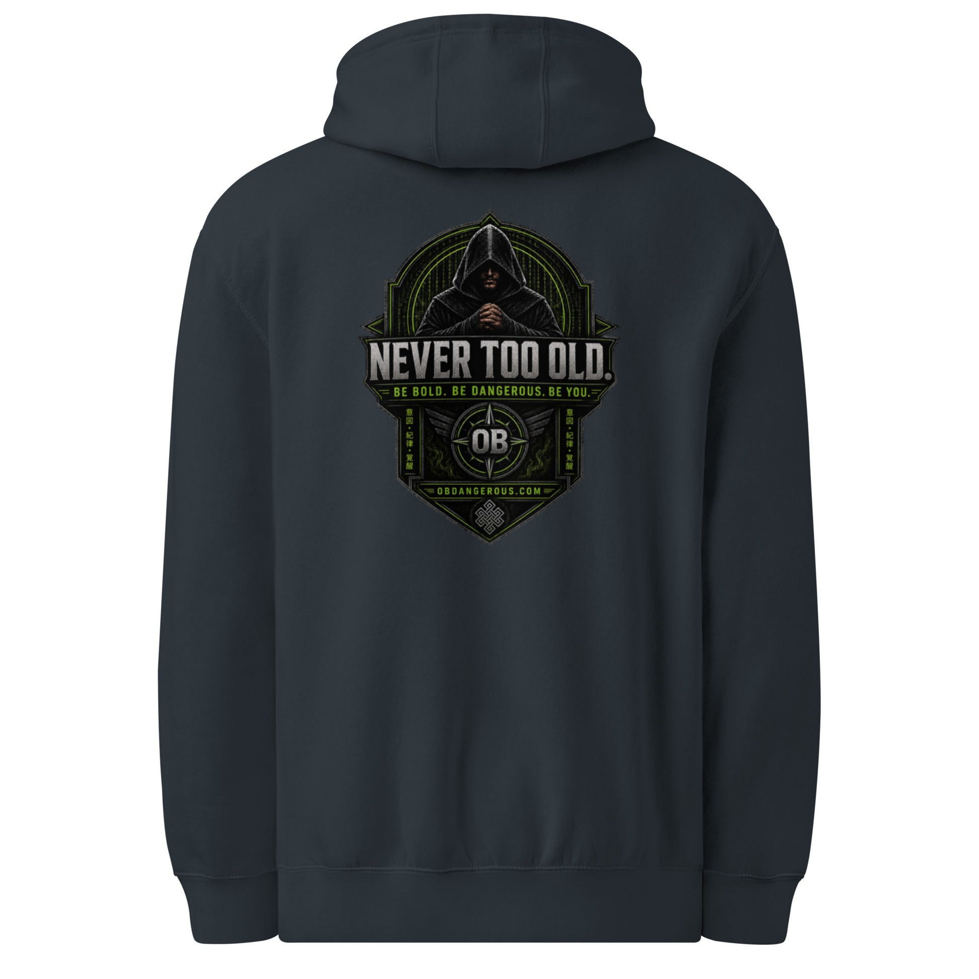 Black Sigma Never Too Old unisex premium mid-weight hoodie with a navy back, designed for gym, street, and casual wear by OB DANGEROUS.