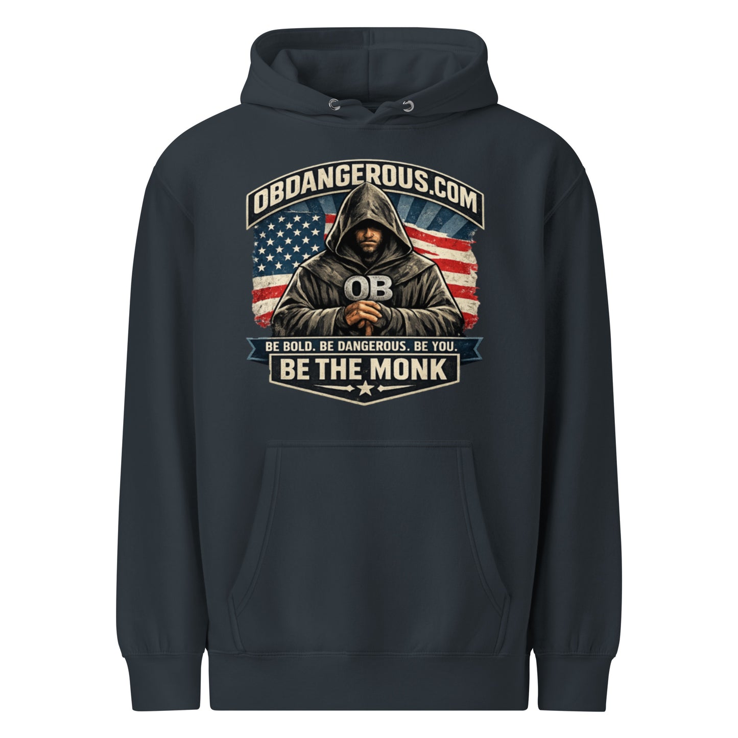 Unisex navy premium mid-weight hoodie by OB DANGEROUS with front design, suitable for gym, street, and casual wear.