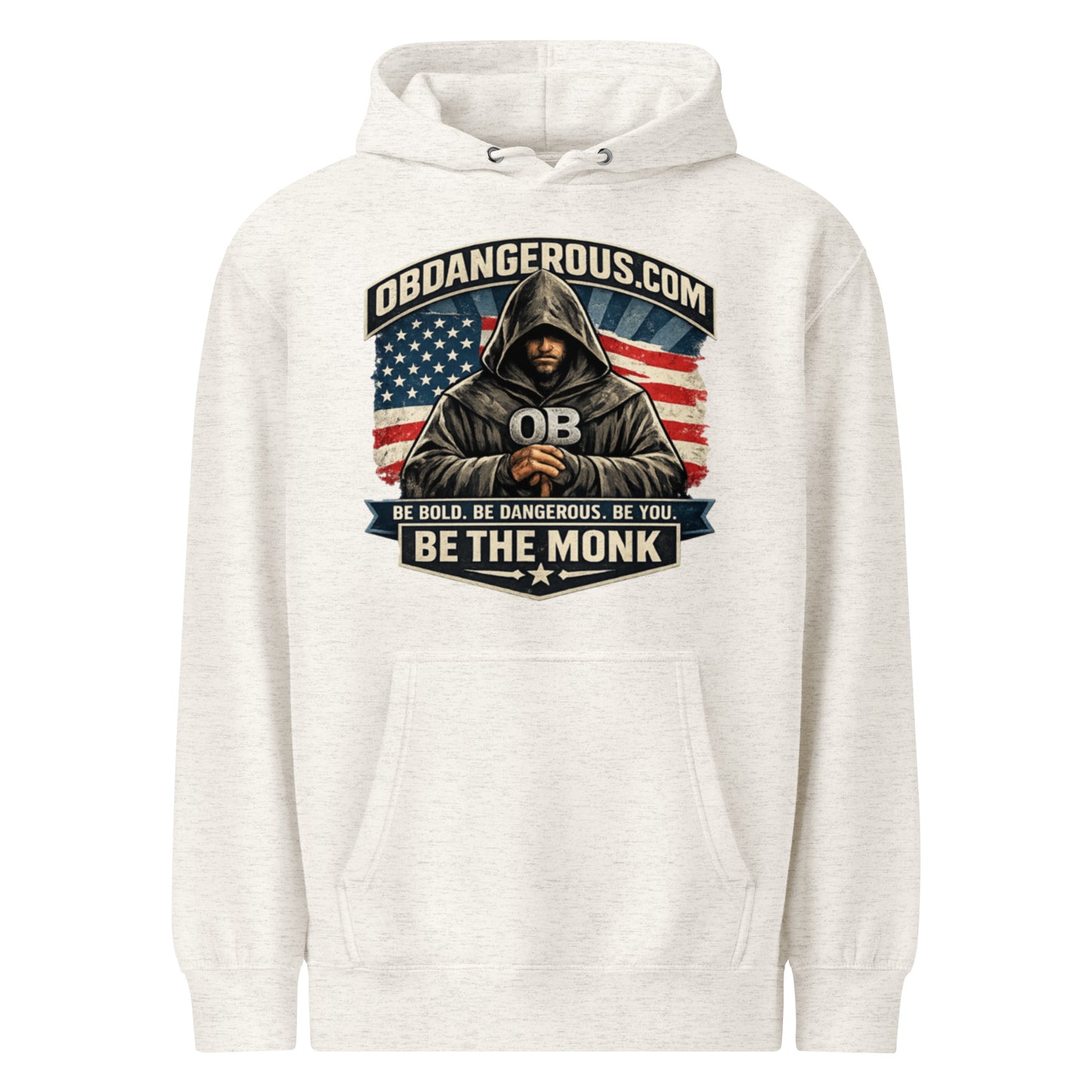 Unisex Be The Monk premium mid-weight hoodie in oatmeal heather, featuring a front design, by OB DANGEROUS for gym and street wear.