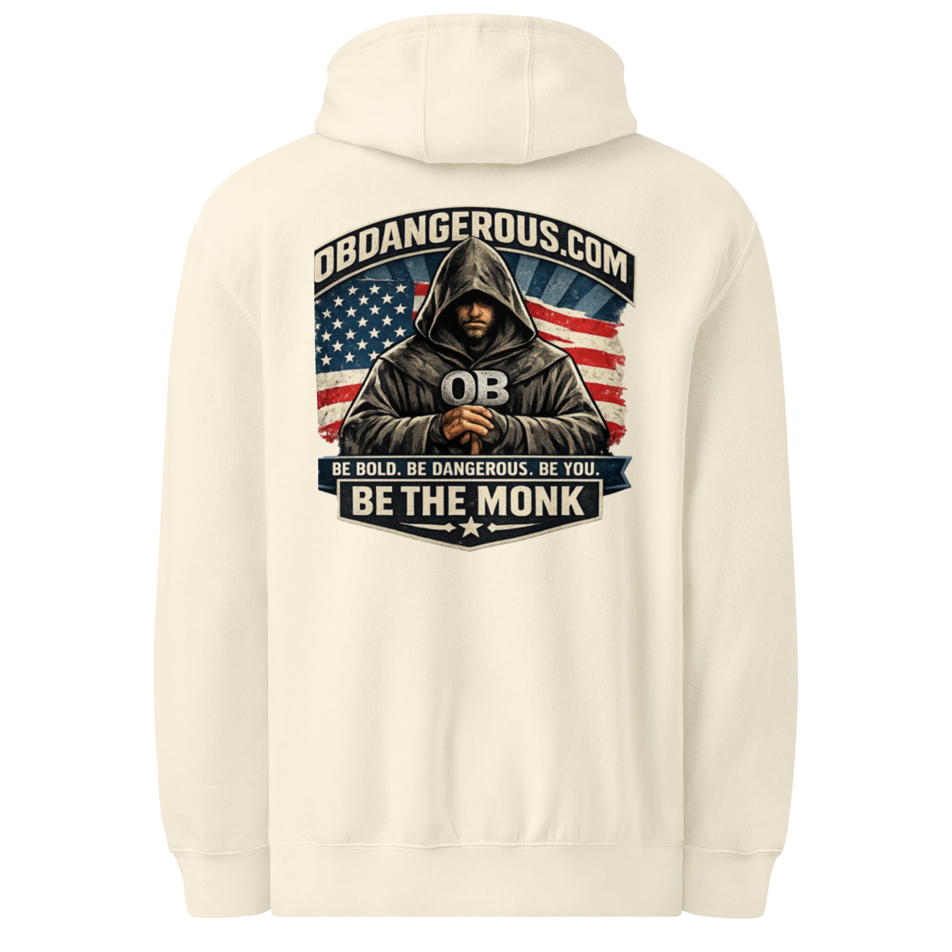 Unisex Be The Monk premium mid-weight hoodie in sandshell color, featuring a back design, by OB DANGEROUS for gym and street wear.