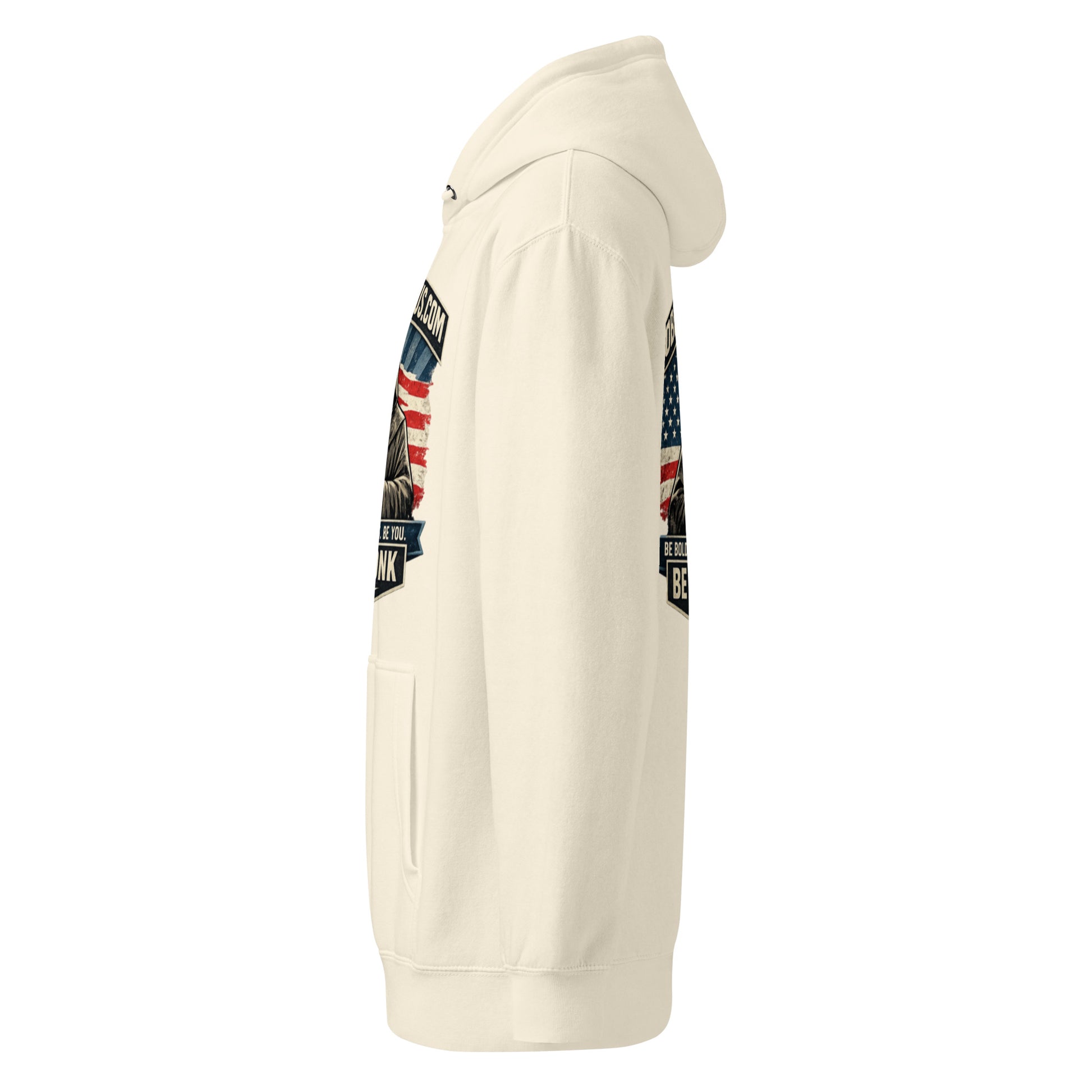 Unisex Be The Monk premium mid-weight hoodie by OB DANGEROUS in sand shell color, showing front view with hoodie and logo.