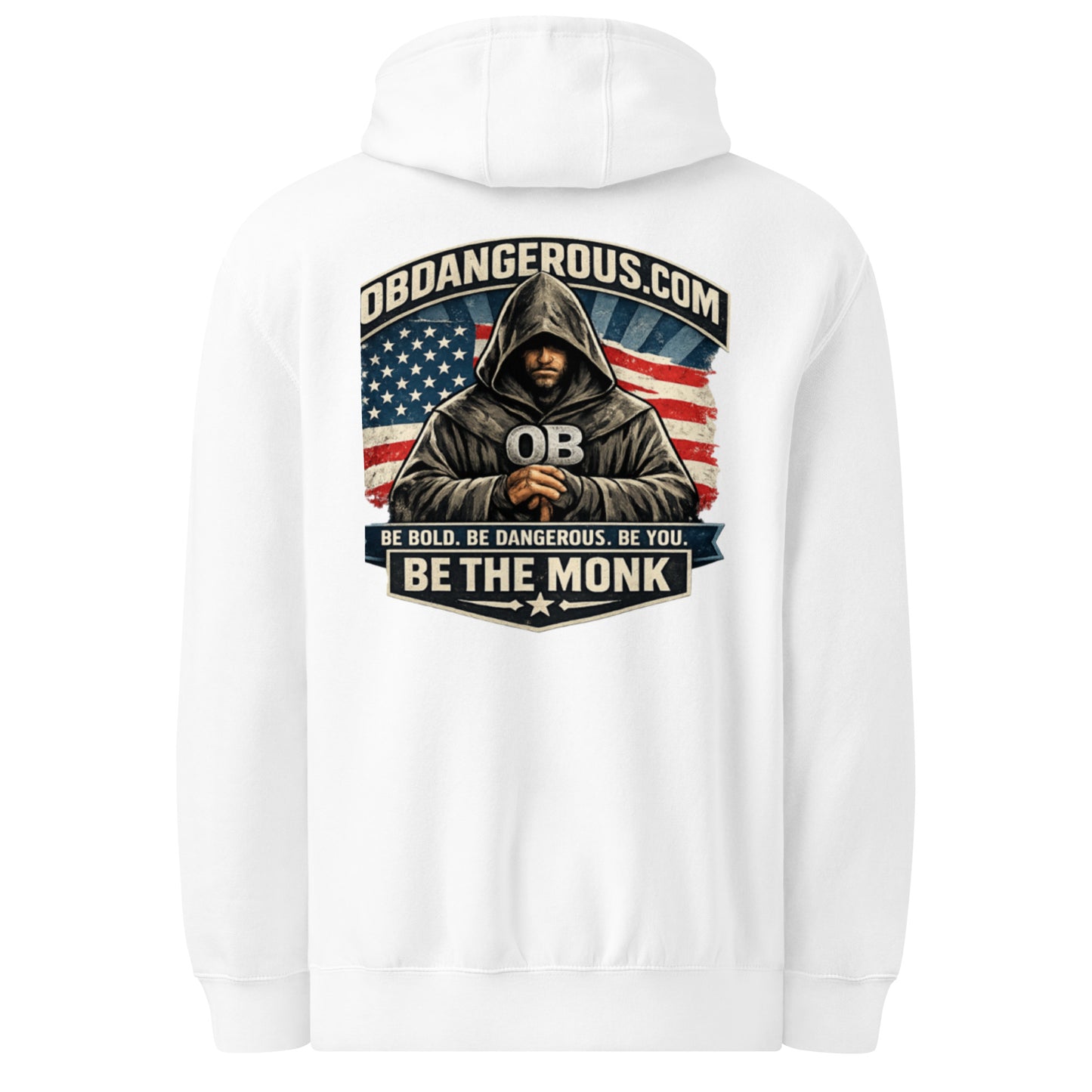 White unisex premium mid-weight hoodie by OB DANGEROUS, featuring a back design, suitable for gym, street, and casual wear.
