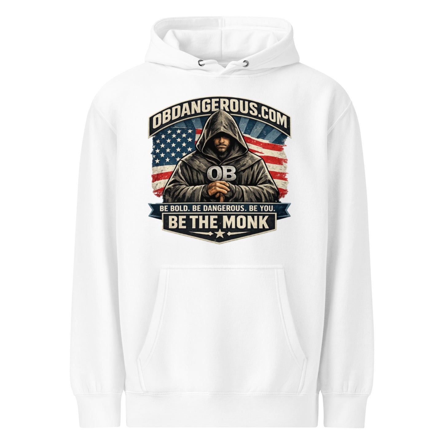 White unisex Be The Monk premium mid-weight hoodie by OB DANGEROUS, featuring a front design, ideal for gym, street, and casual wear.