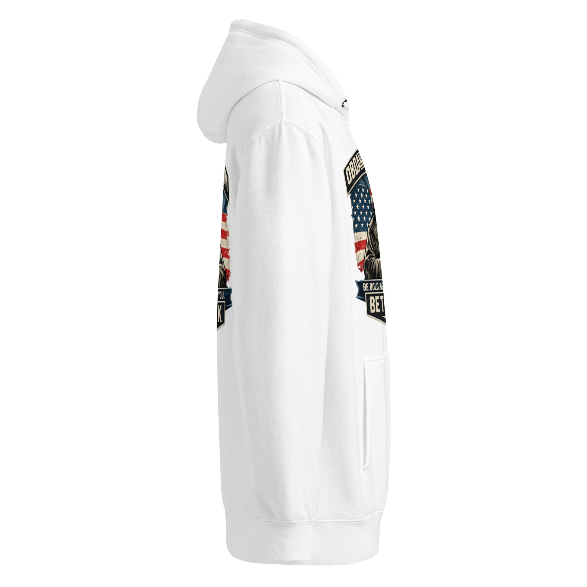 White Be The Monk unisex premium mid-weight hoodie by OB DANGEROUS, shown from the right side, ideal for gym and street wear.
