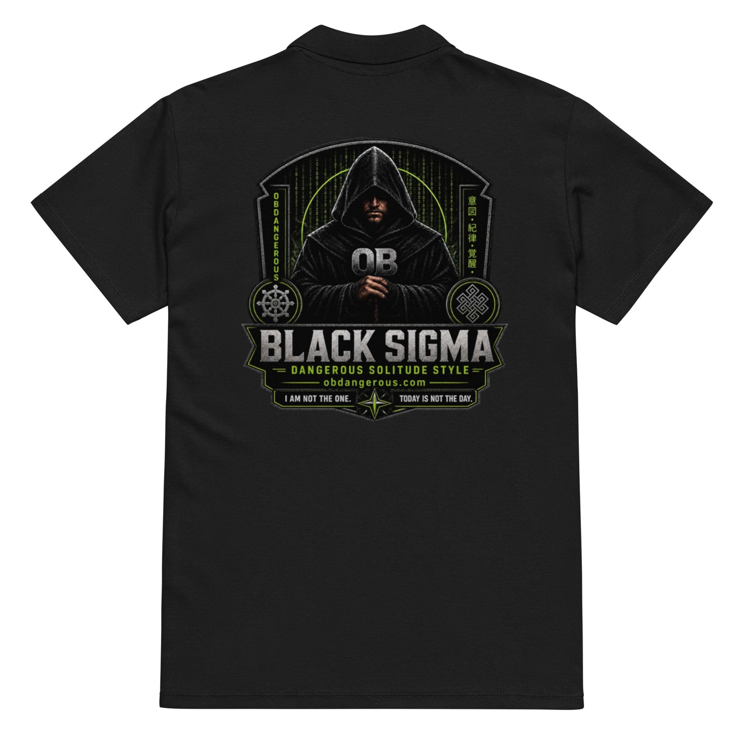Black Sigma OBD Premium pique polo shirt for men and women, showing the back design and comfortable fit.