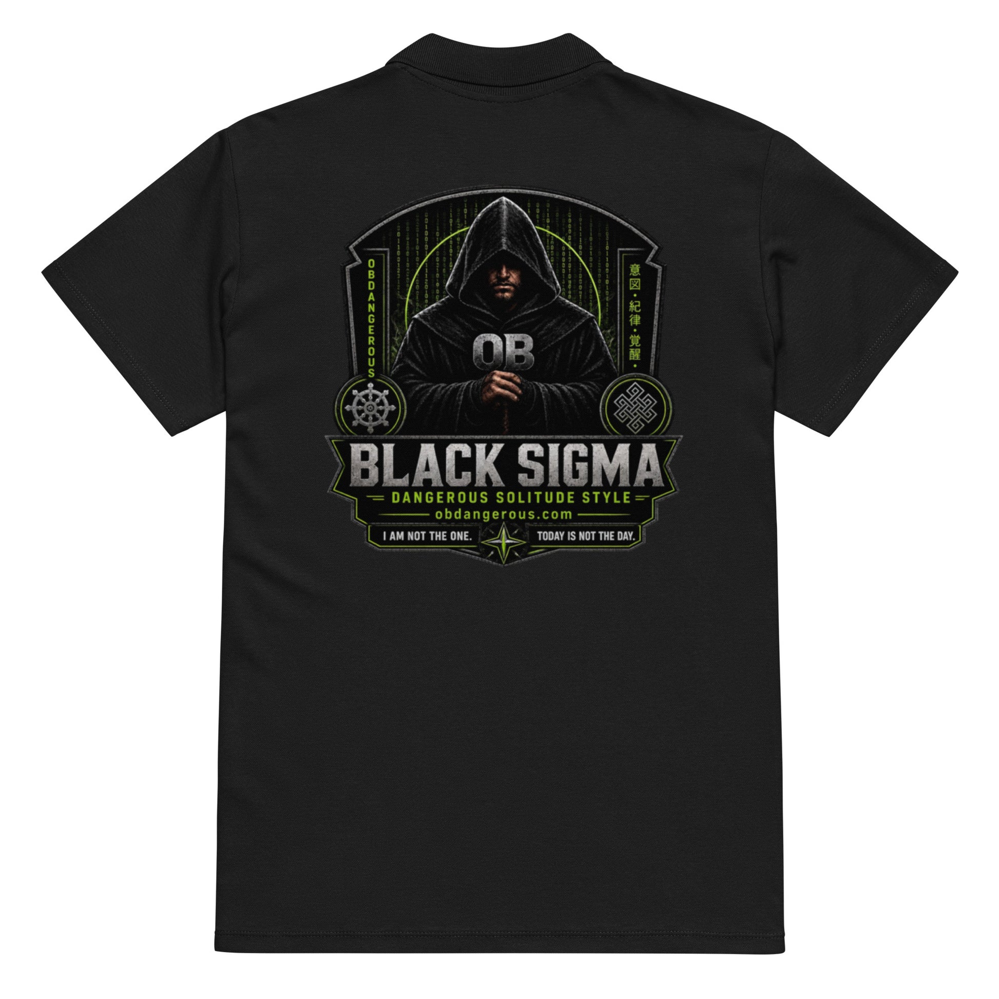 Black Sigma OBD Premium pique polo shirt for men and women, showing the back design and comfortable fit.