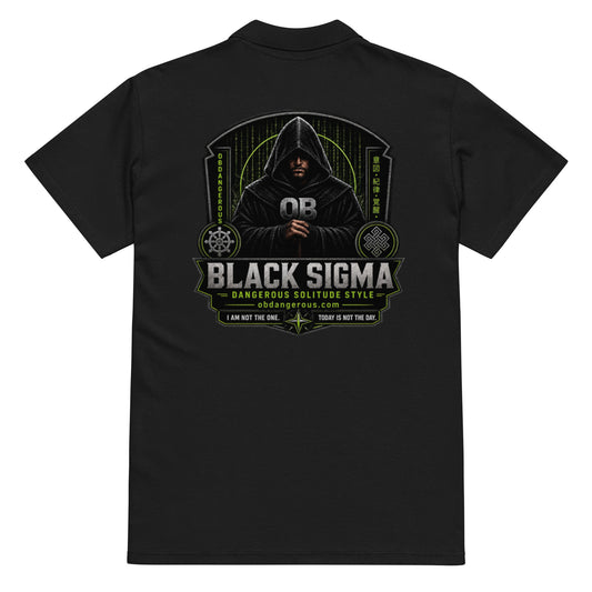 Black Sigma OBD Premium pique polo shirt for men and women, showing the back design and comfortable fit.