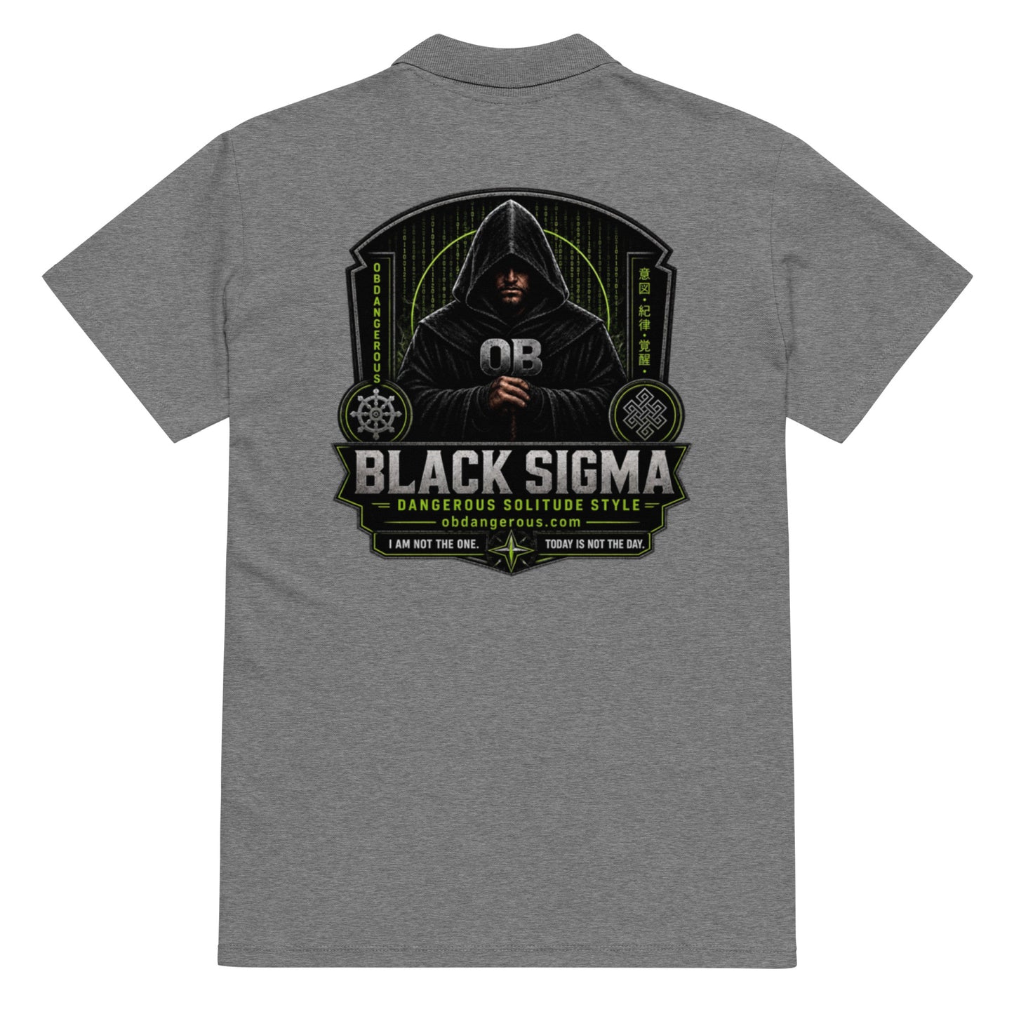 Black Sigma OBD Premium pique polo shirt for men and women, featuring a grey melange back design and comfortable fit.