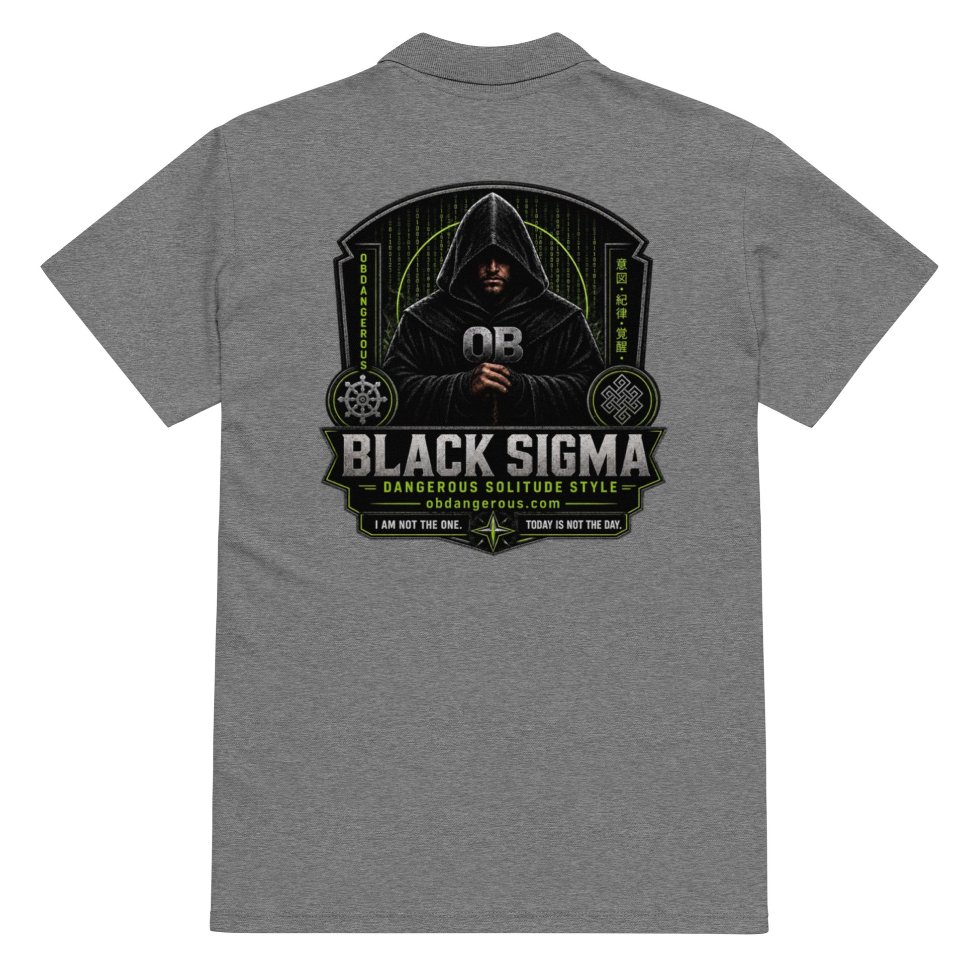 Black Sigma OBD Premium pique polo shirt for men and women, featuring a grey melange back design and comfortable fit.