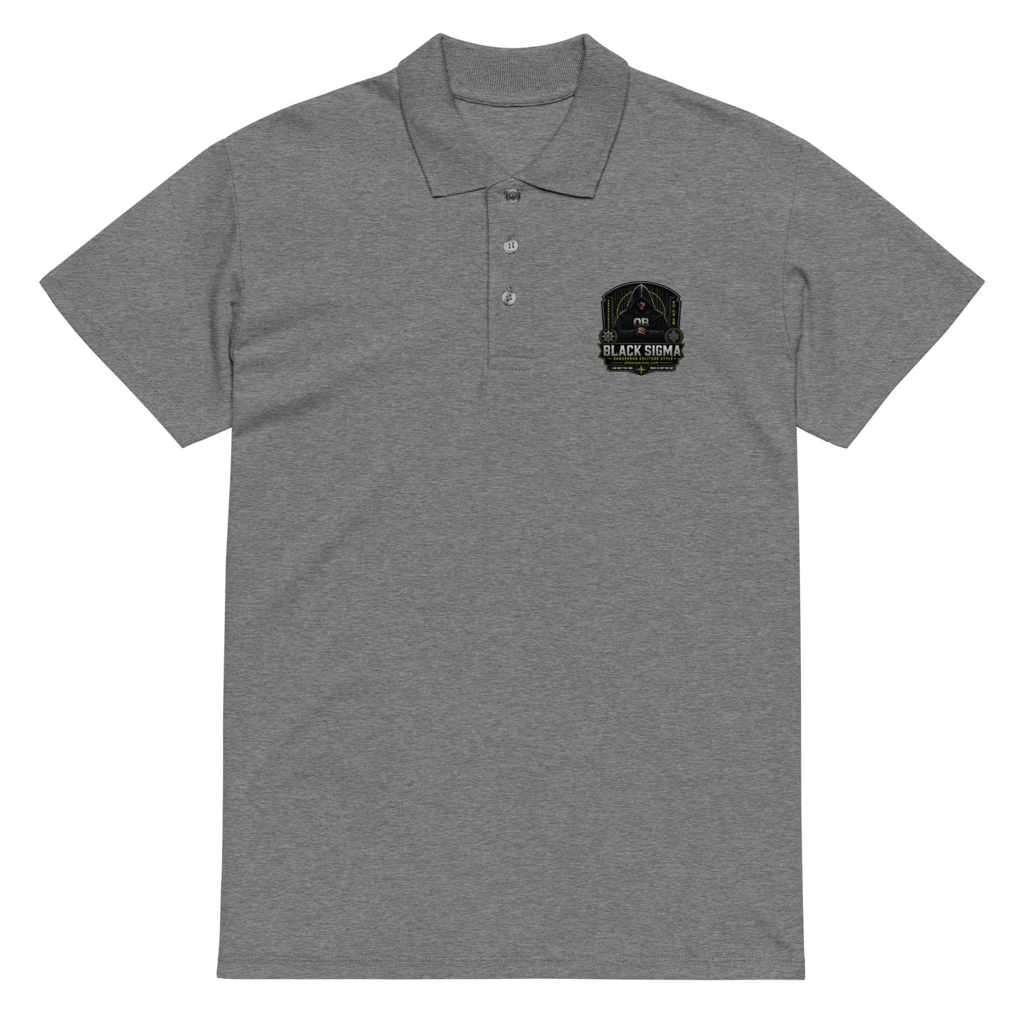 Unisex black Sigma OBD premium pique polo shirt with grey melange front, designed for gym, street, and casual wear.