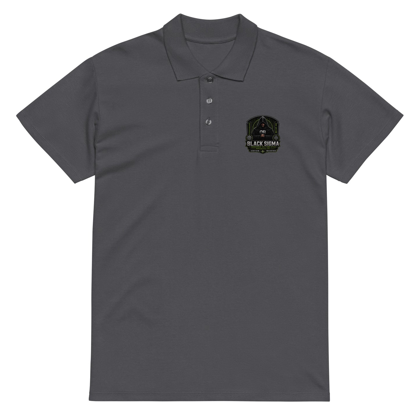 Black Sigma OBD Premium pique polo shirt for men and women, stylish unisex design in mouse grey with a classic fit.