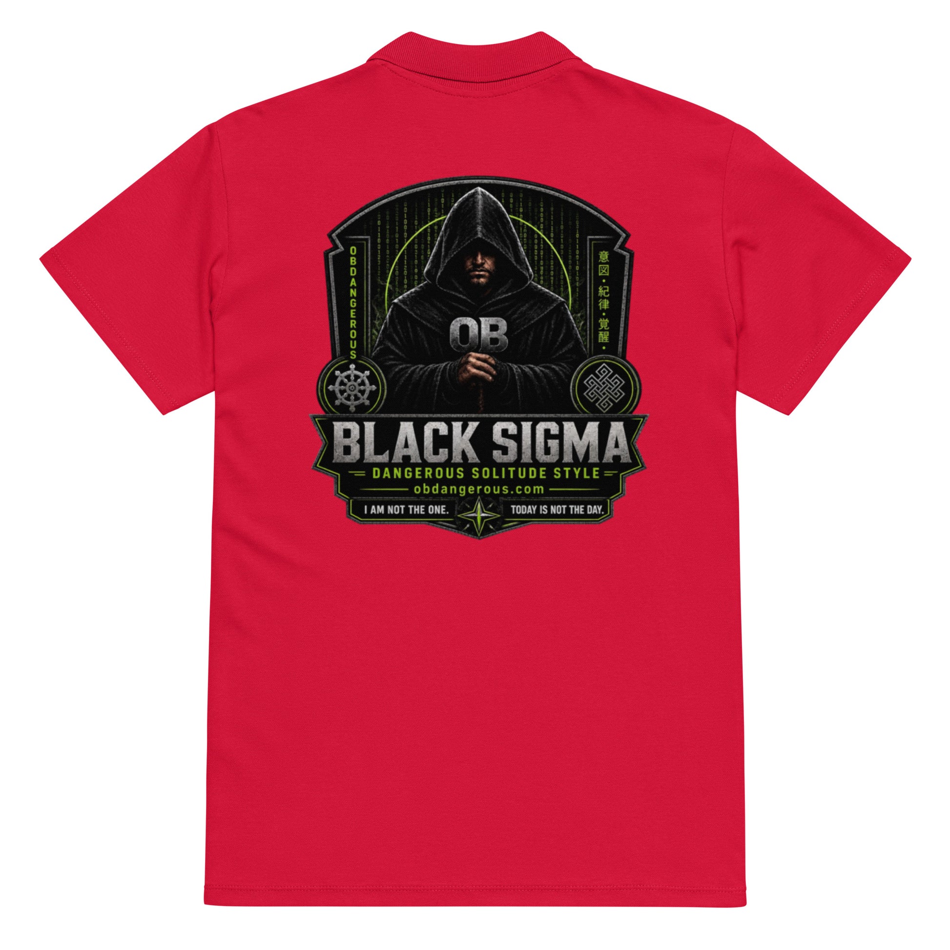 Black Sigma OBD Premium pique polo shirt for men and women, featuring a classic design with the OB DANGEROUS logo on the back.