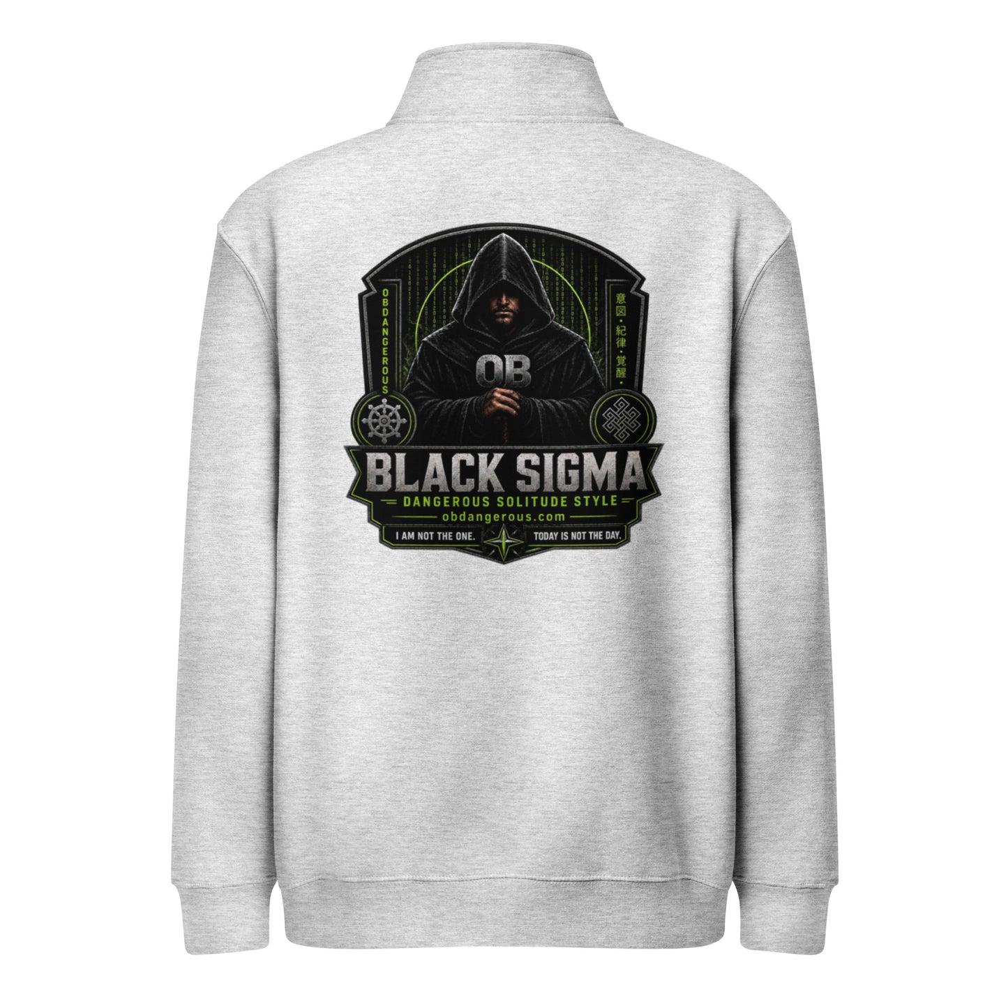 Black Sigma OBDANGEROUS unisex quarter-zip sweatshirt in heather grey with back design, ideal for gym and streetwear style.