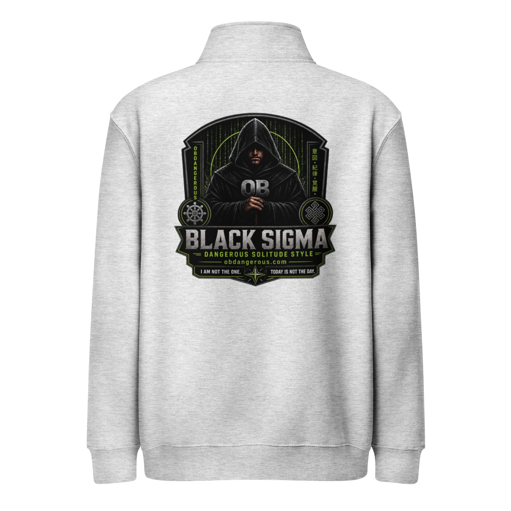 Black Sigma OBDANGEROUS unisex quarter-zip sweatshirt in heather grey with back design, ideal for gym and streetwear style.