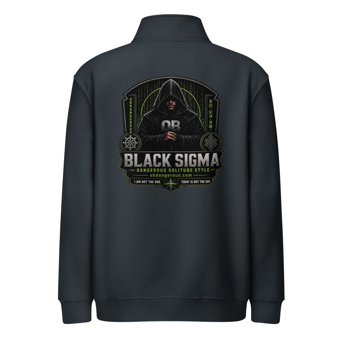 Unisex navy Black Sigma OBDANGEROUS premium 1/4 zip sweatshirt with DTFILM logo, designed for gym and streetwear style.
