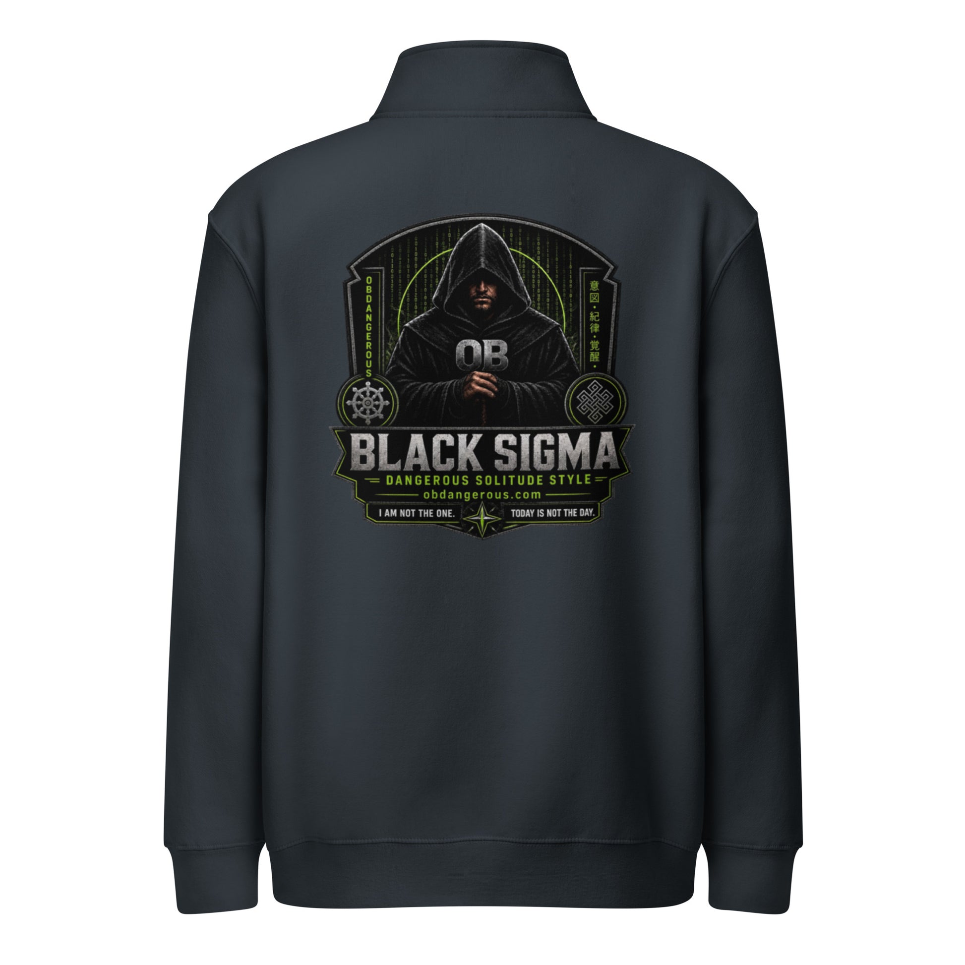 Unisex navy Black Sigma OBDANGEROUS premium 1/4 zip sweatshirt with DTFILM logo, designed for gym and streetwear style.