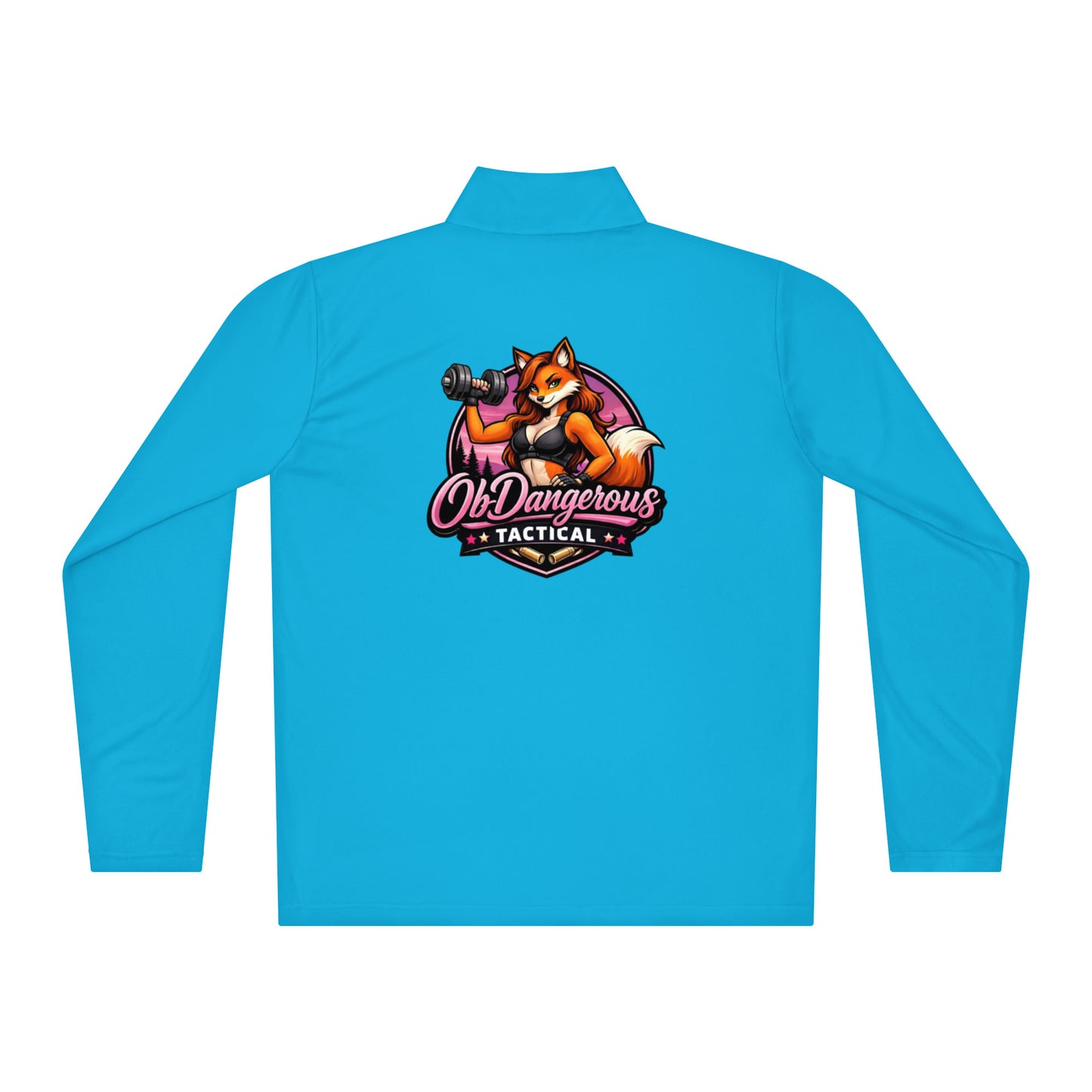 Unisex tactical Fox lightweight quarter-zip pullover by OB DANGEROUS in atomic blue, shown from the back with a high collar and zipper.