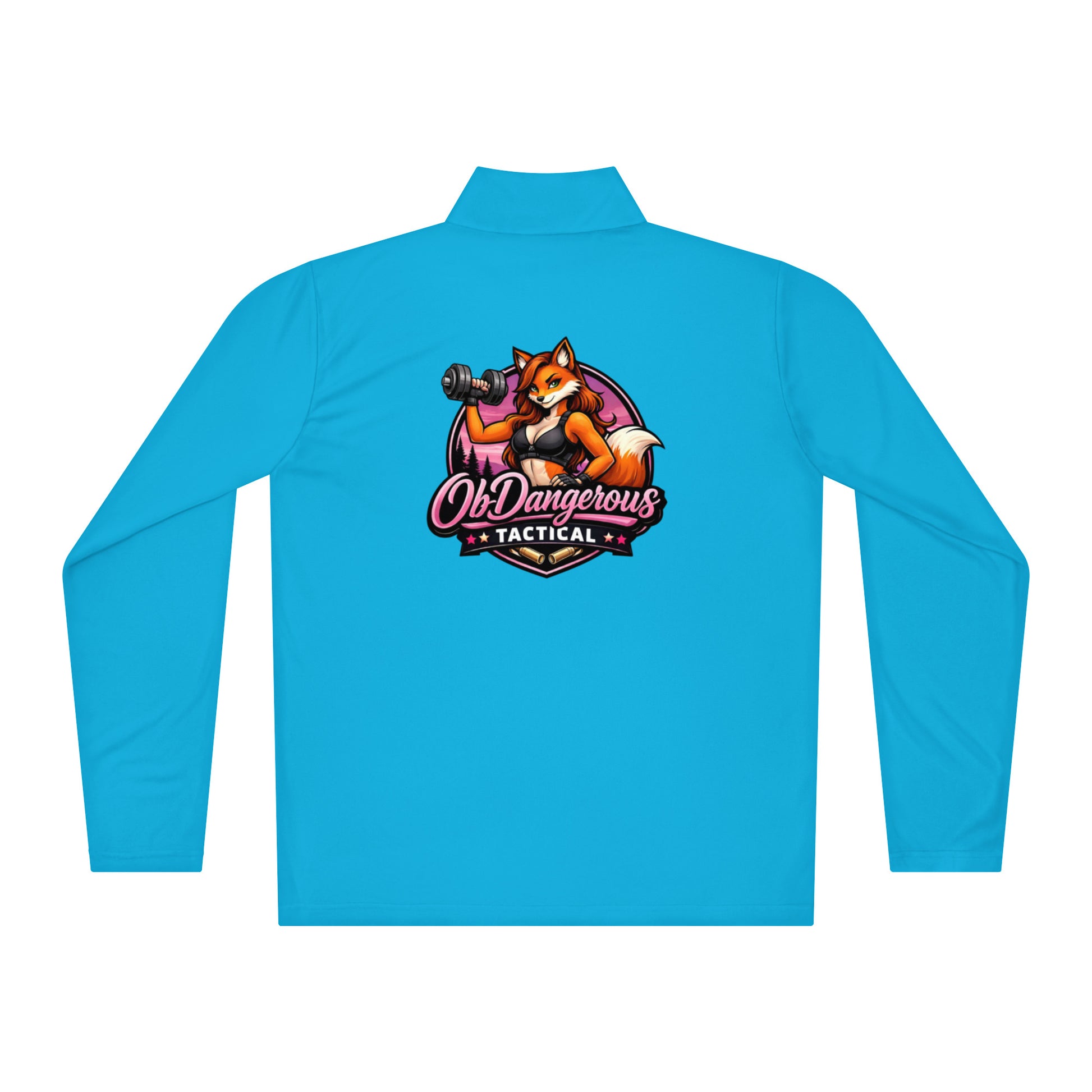 Unisex tactical Fox lightweight quarter-zip pullover by OB DANGEROUS in atomic blue, shown from the back with a high collar and zipper.