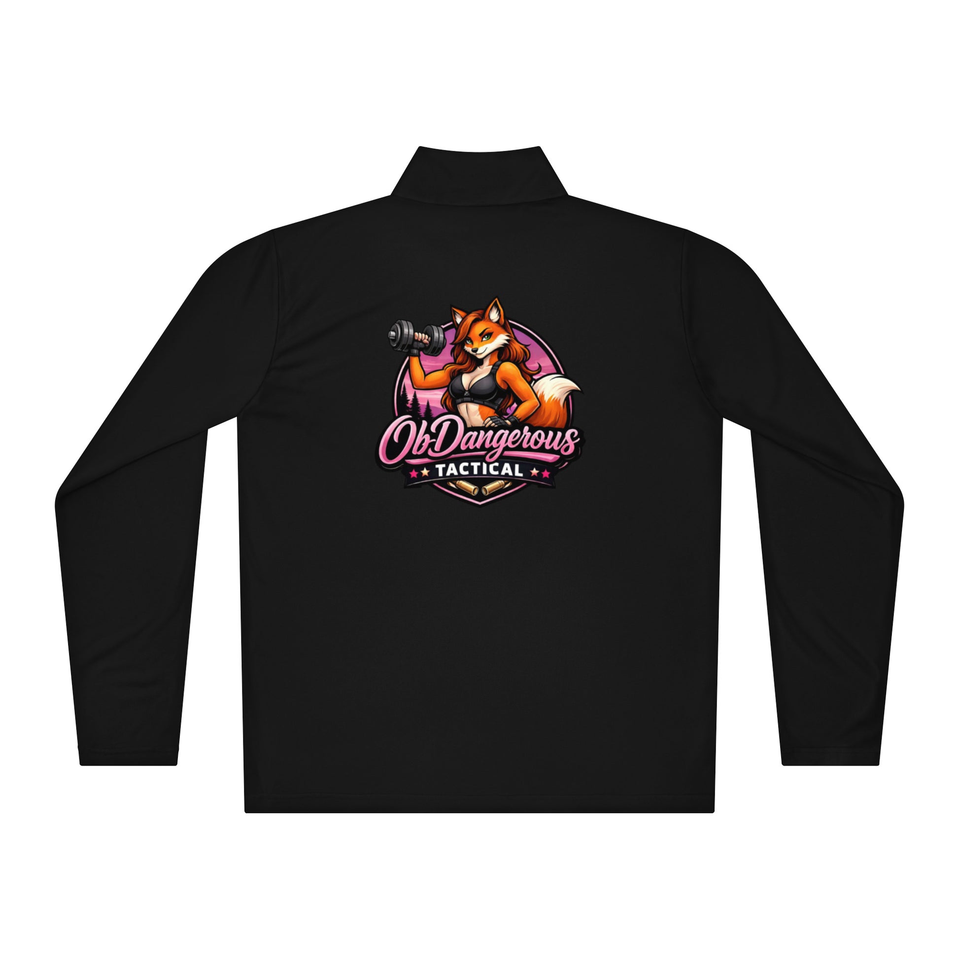 Black unisex tactical Fox lightweight quarter-zip pullover by OB DANGEROUS, shown from the back. Perfect for gym and street wear.
