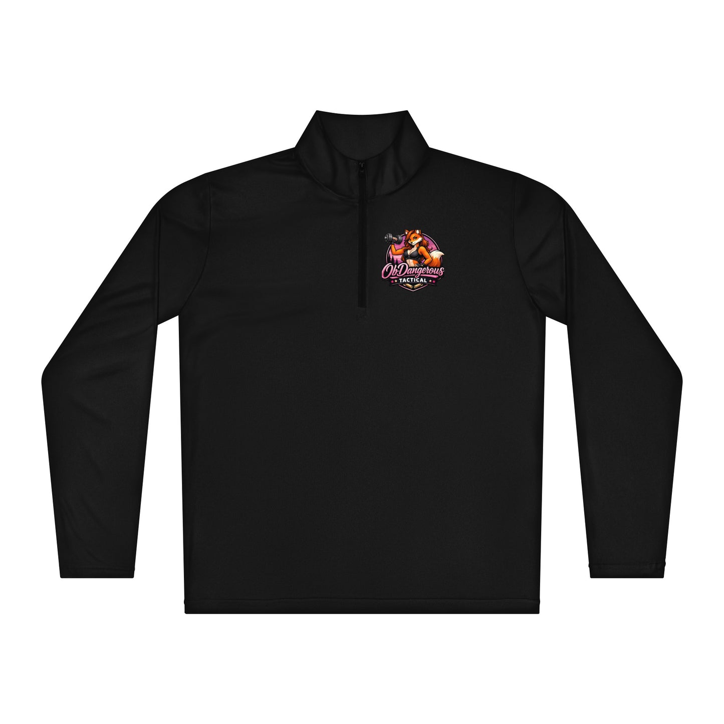 Unisex black Tactical Fox lightweight quarter-zip pullover by OB DANGEROUS, front view, designed for gym and street wear.