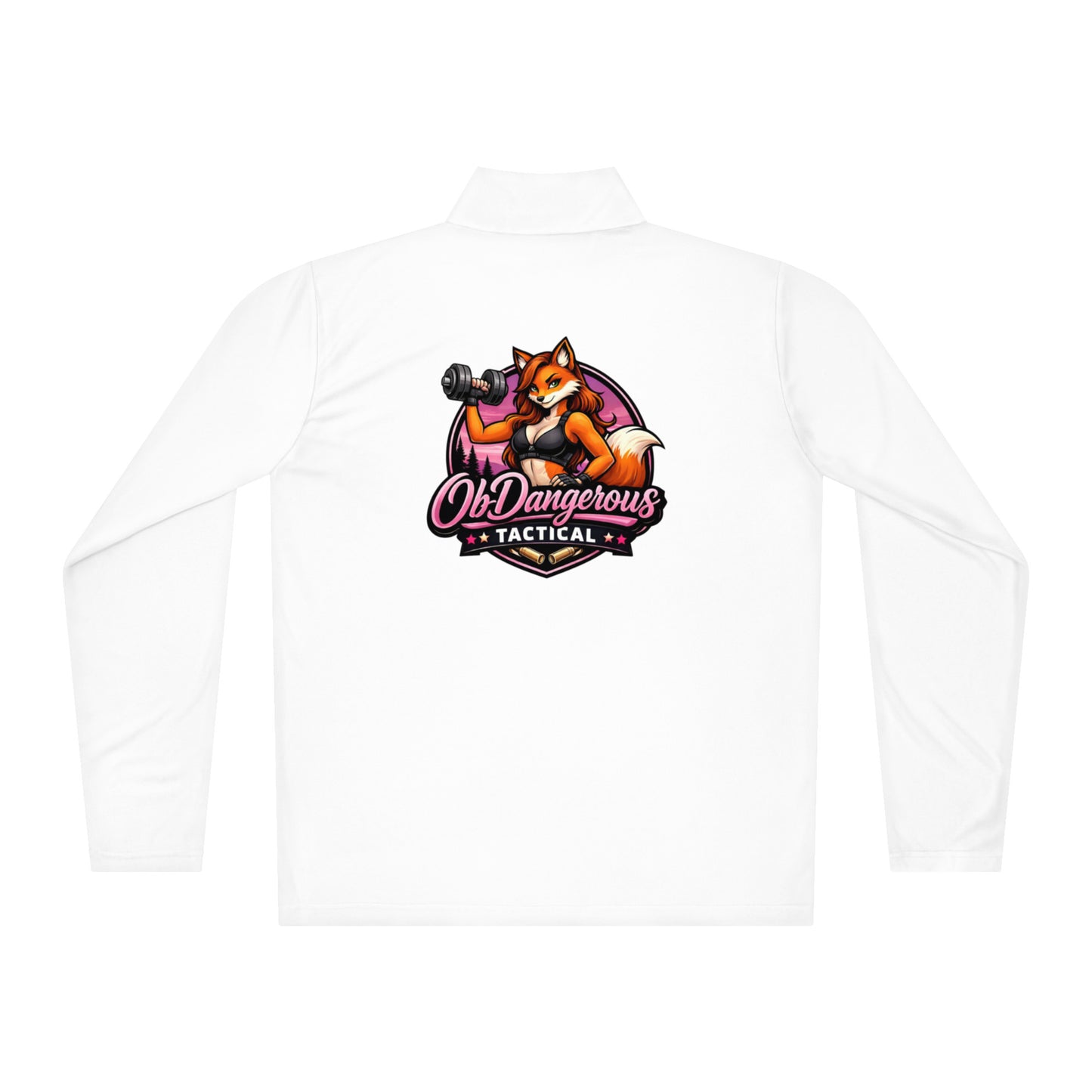 Unisex white Tactical Fox lightweight quarter-zip pullover with back design, ideal for gym, street, and casual wear by OB DANGEROUS.