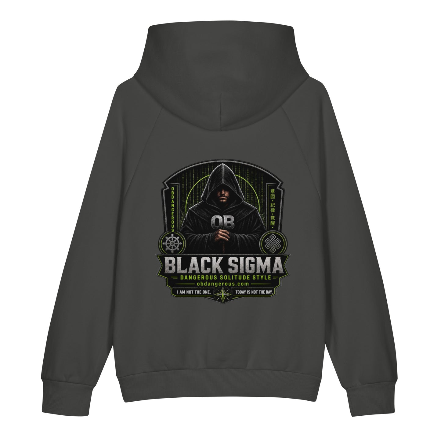 Black Sigma Not Today unisex heavyweight hoodie by OB DANGEROUS, shown with asphalt back design, ideal for gym and streetwear.