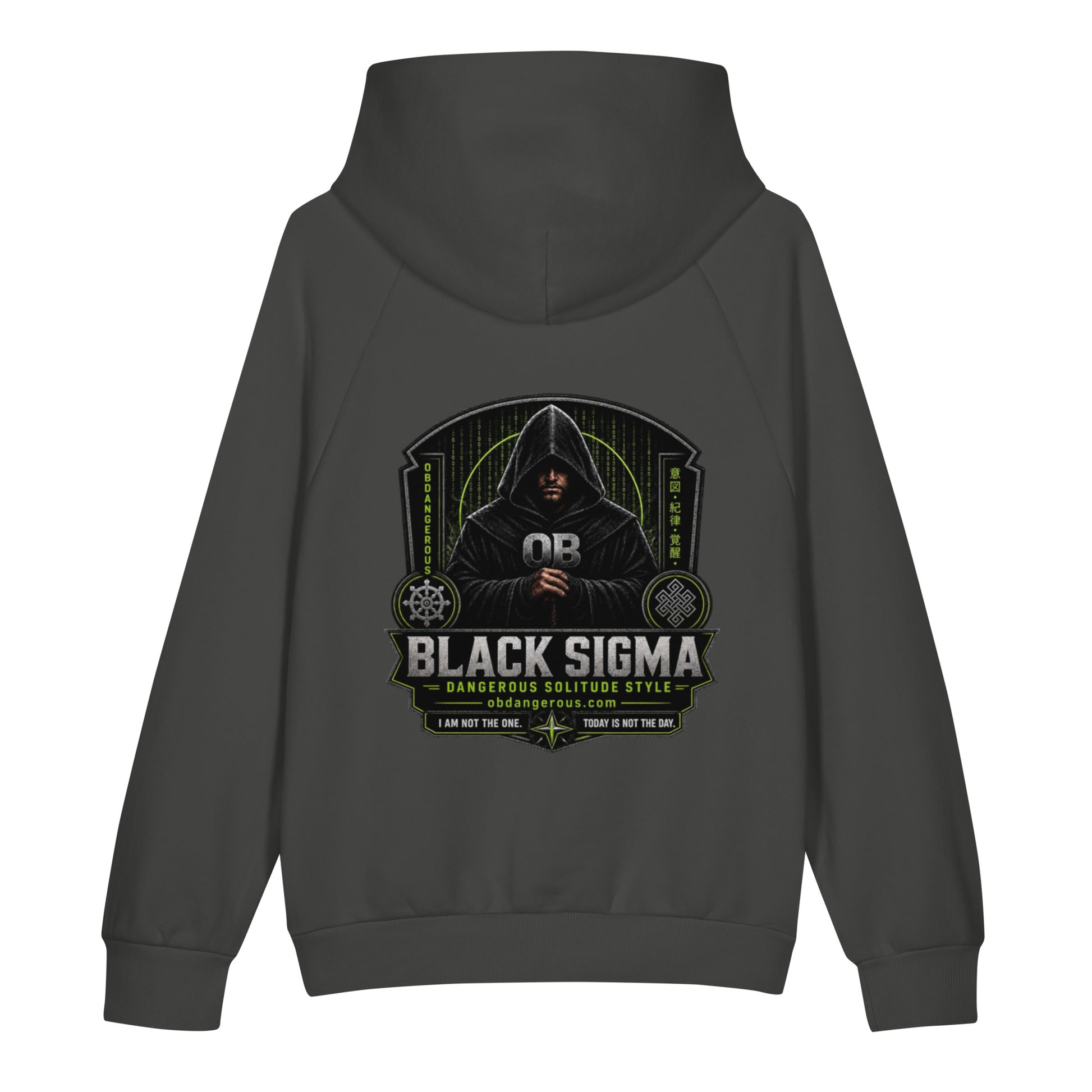 Black Sigma Not Today unisex heavyweight hoodie by OB DANGEROUS, shown with asphalt back design, ideal for gym and streetwear.
