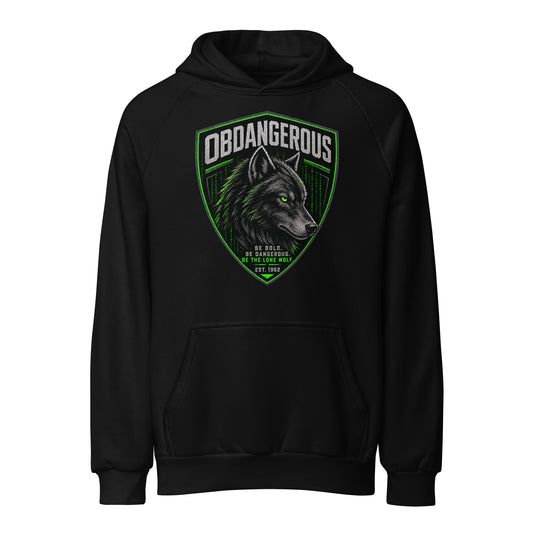 Black unisex super heavyweight hoodie from OB DANGEROUS with bold front design, perfect for gym, street, and casual wear.