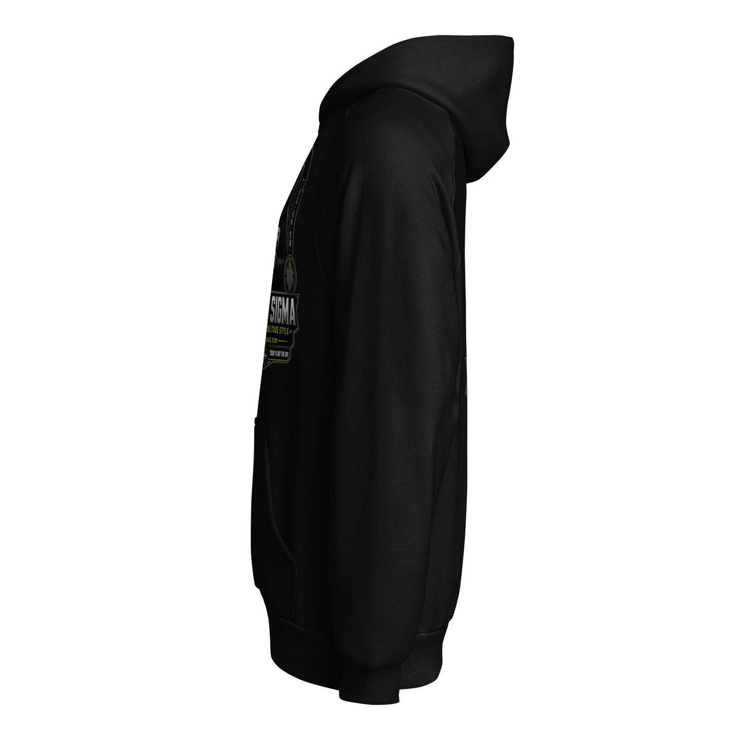 Black Sigma Not Today unisex super heavyweight hoodie from OB DANGEROUS, shown from the left side, made for gym and street wear.