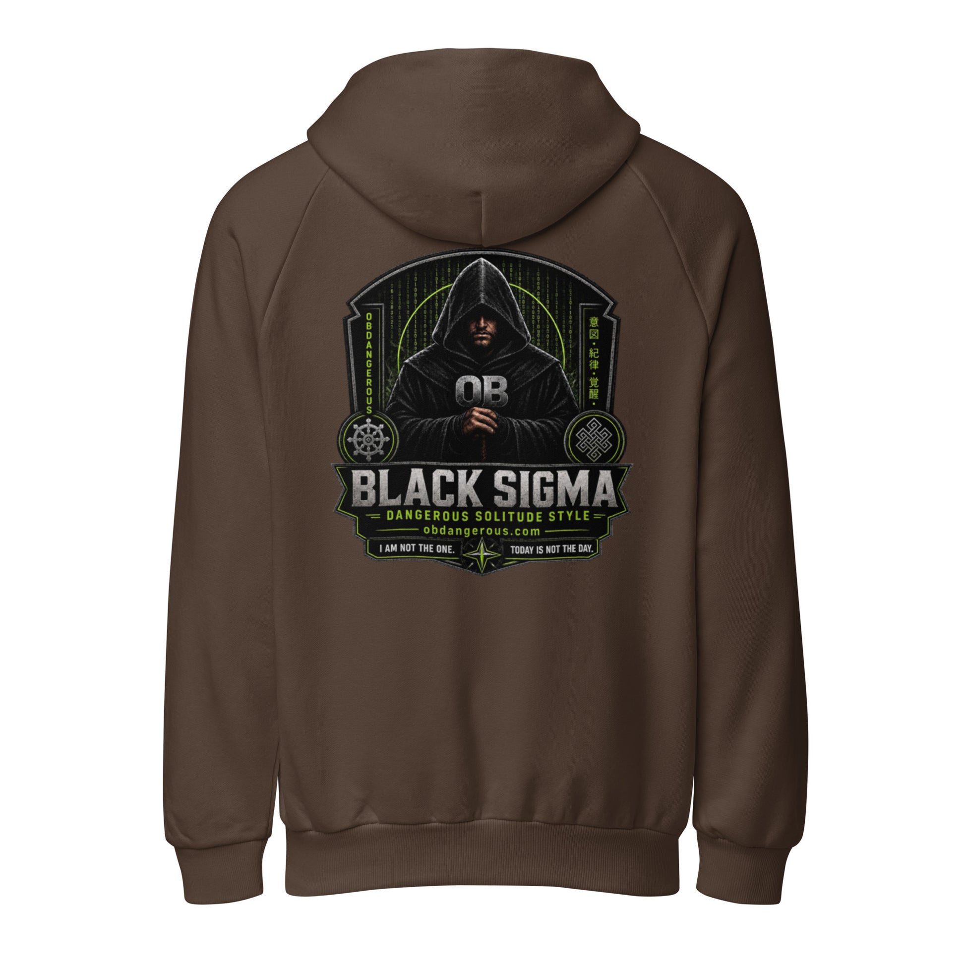 Black Sigma Not Today unisex heavyweight hoodie by OB DANGEROUS, showing the back in chocolate brown with bold print design.