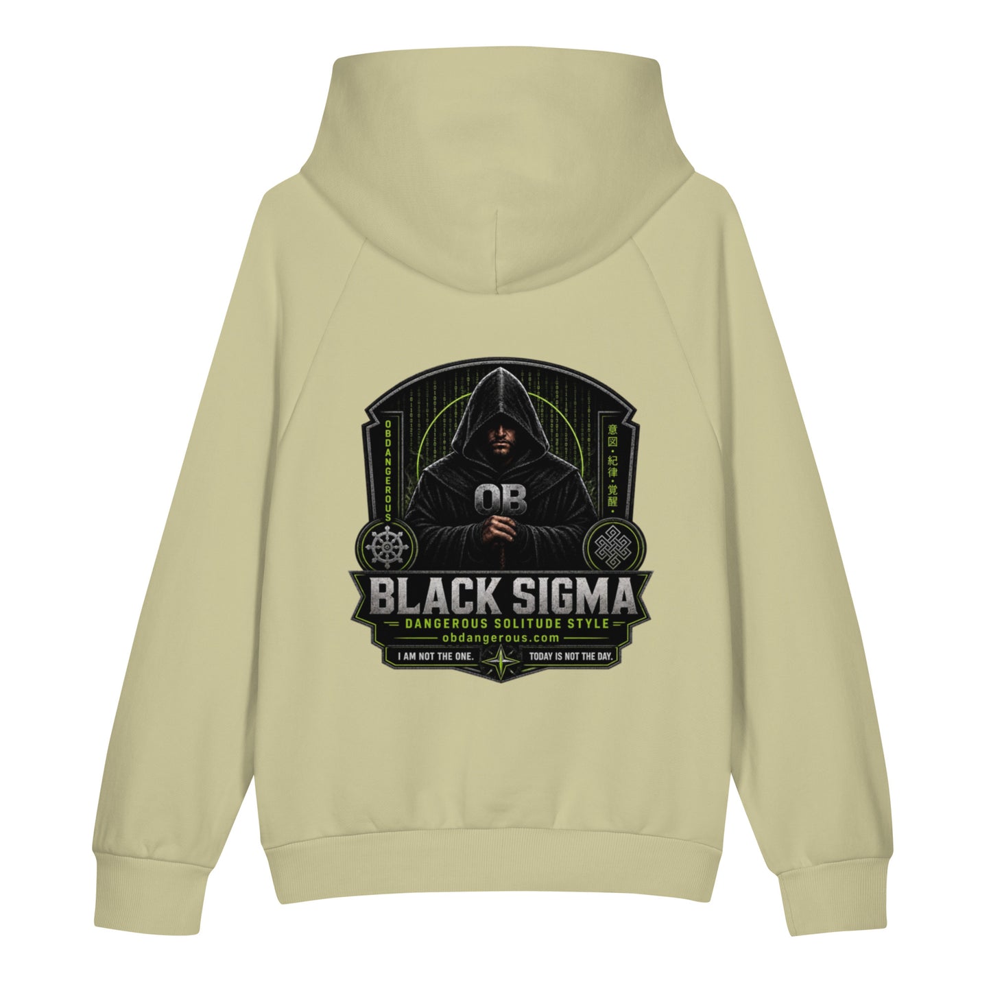 Black Sigma Not Today unisex super heavyweight hoodie in moss gray, with back design, by OB DANGEROUS for gym and streetwear.
