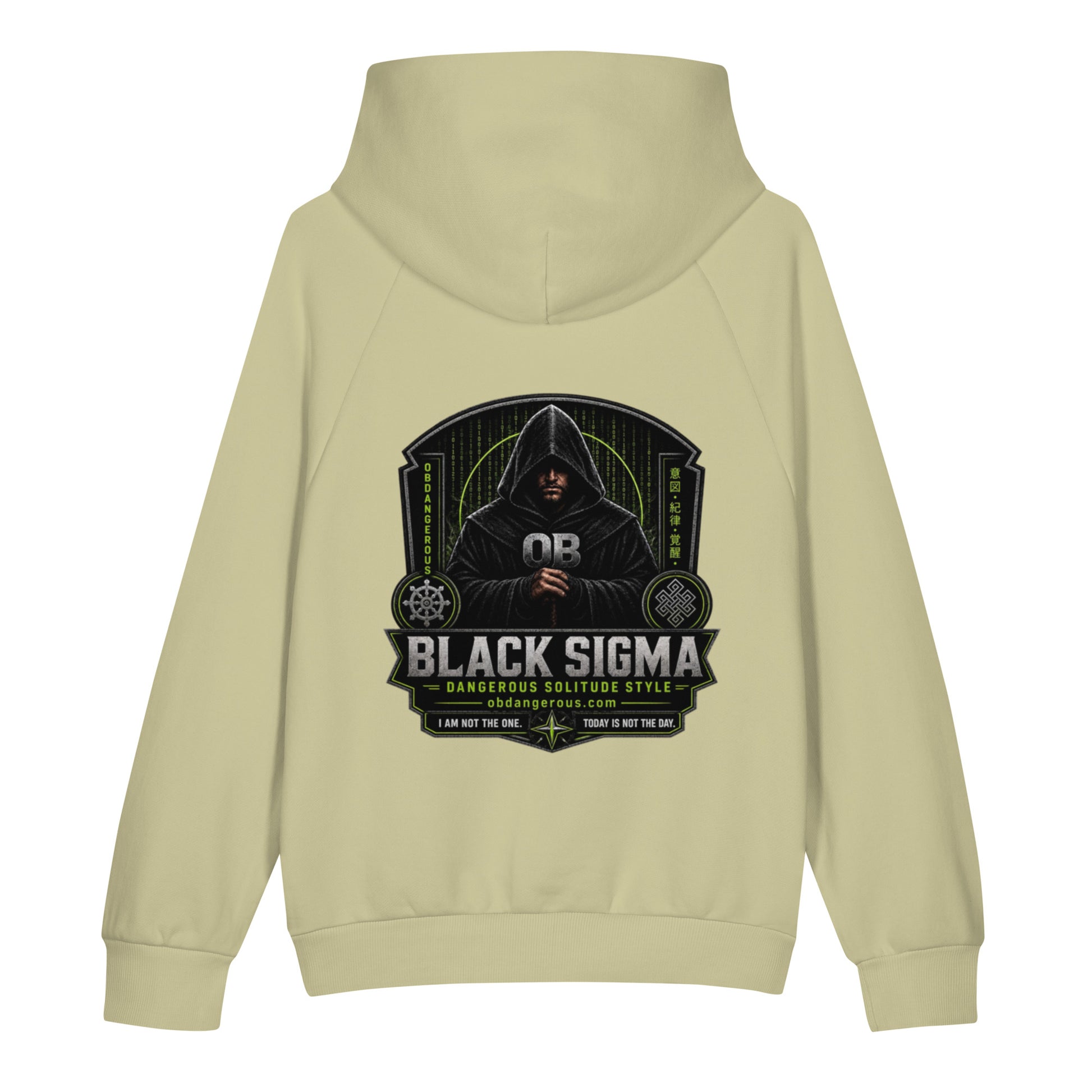 Black Sigma Not Today unisex super heavyweight hoodie in moss gray, with back design, by OB DANGEROUS for gym and streetwear.