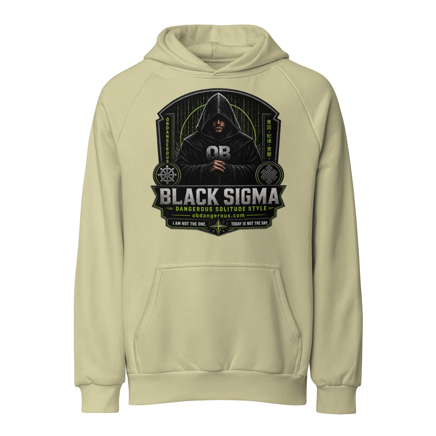 Black Sigma Not Today unisex super heavyweight hoodie by OB DANGEROUS, Moss Gray color, front view, made for gym and streetwear.