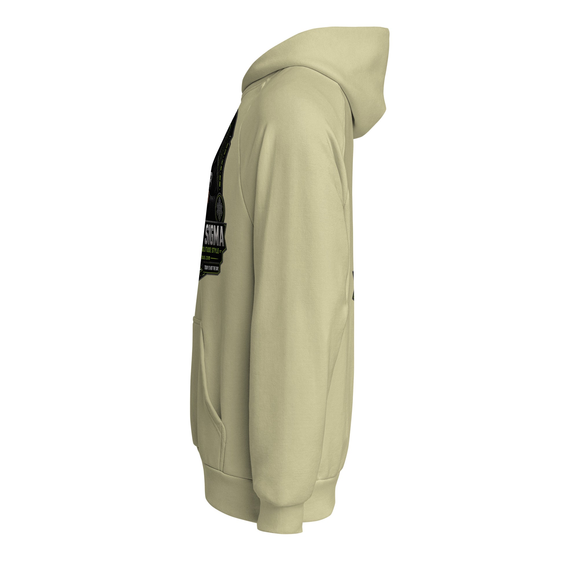 Black Sigma Not Today unisex heavyweight hoodie in moss gray, showcasing front view with hoodie and logo details.