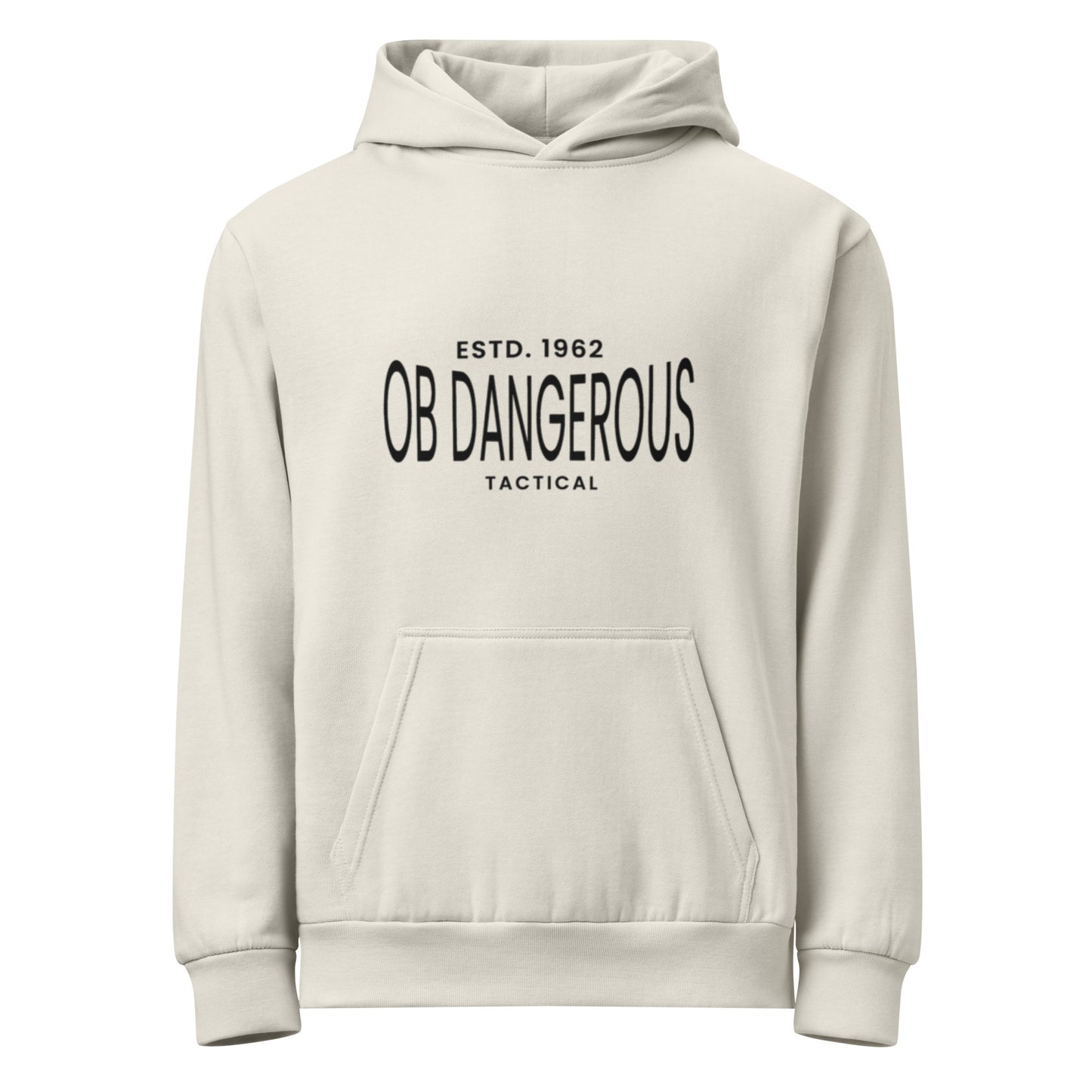 OB DANGEROUS tactical urban garment-dyed hoodie, unisex streetwear with a front design, in lunar rock color.