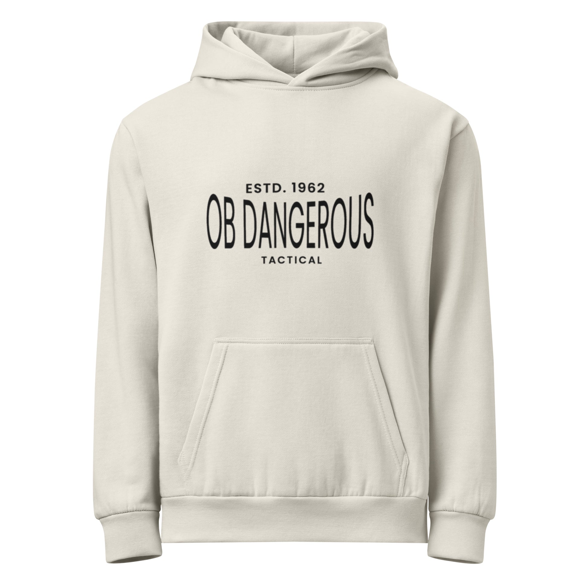 OB DANGEROUS tactical urban garment-dyed hoodie, unisex streetwear with a front design, in lunar rock color.