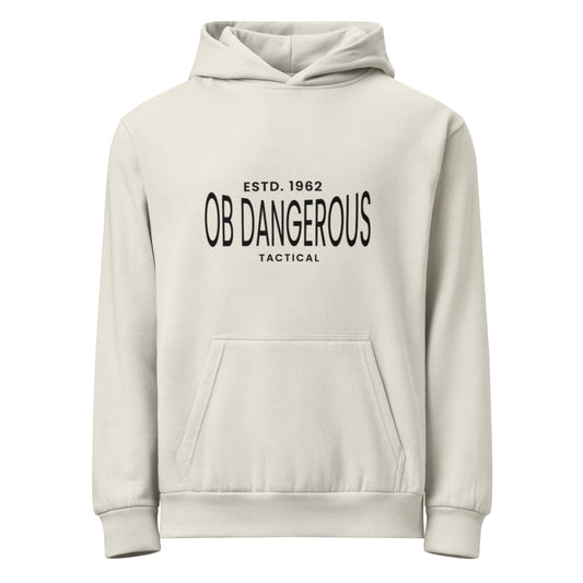 OB DANGEROUS tactical urban garment-dyed hoodie, unisex streetwear with a front design, in lunar rock color.