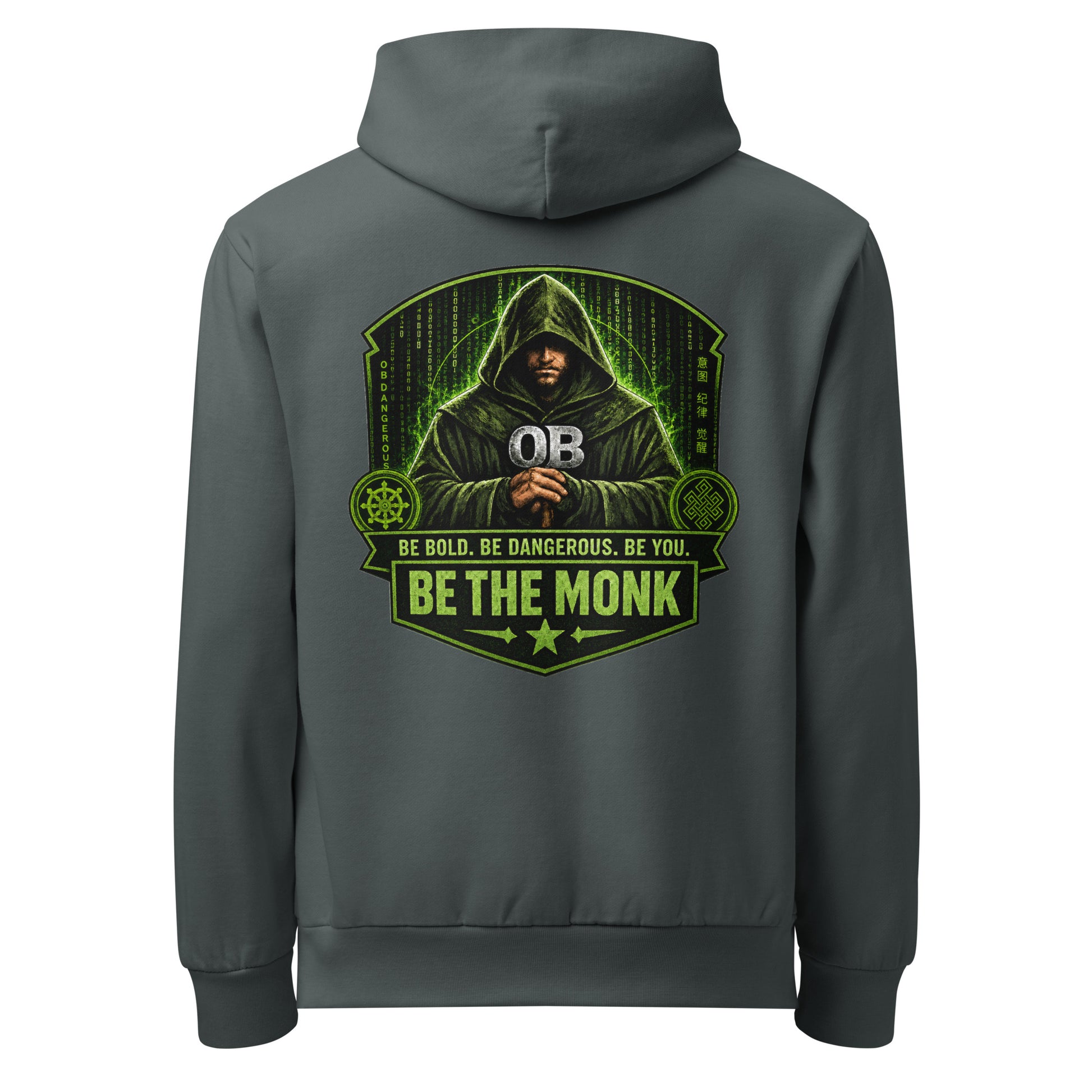 Unisex garment-dyed midnight navy hoodie with "Be The Monk" design by OB DANGEROUS, suitable for gym and streetwear style.