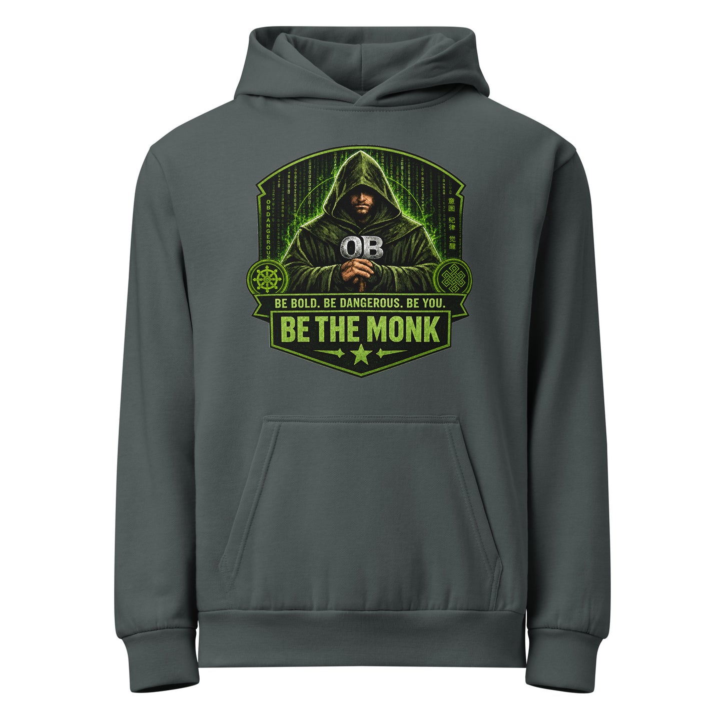Unisex OBD Be The Monk urban garment-dyed hoodie in midnight navy, featuring a front design, designed for gym and street wear.