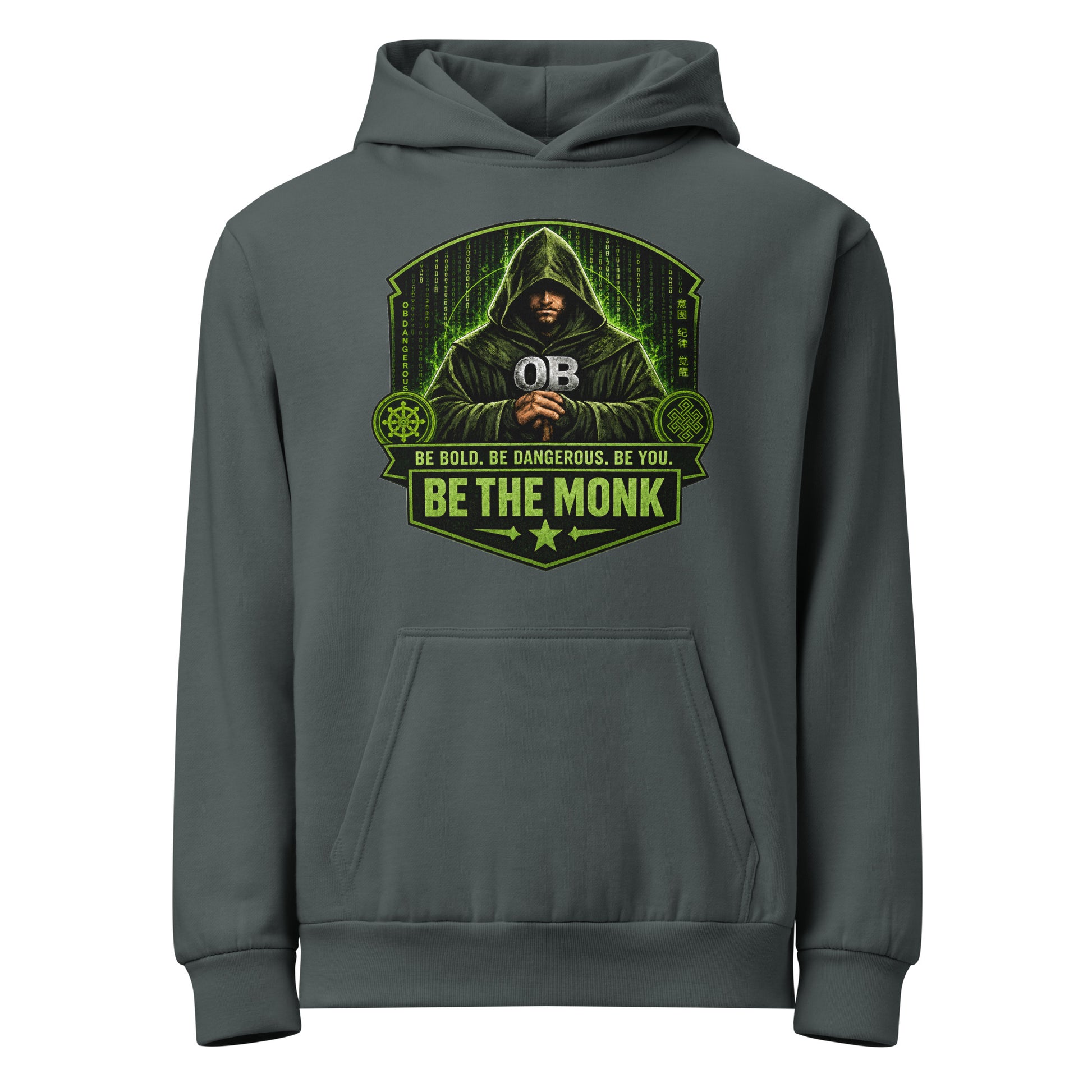 Unisex OBD Be The Monk urban garment-dyed hoodie in midnight navy, featuring a front design, designed for gym and street wear.