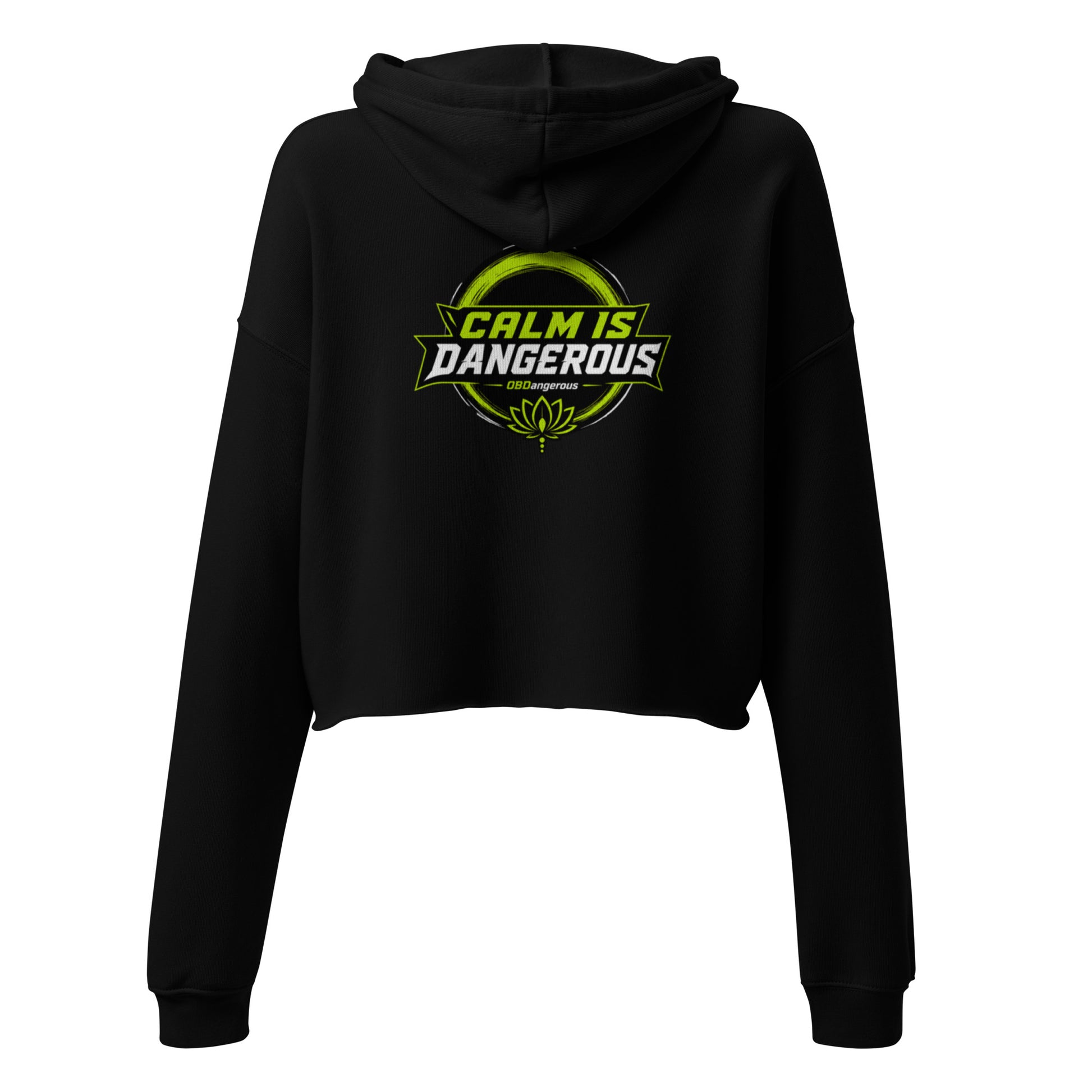 Black women's cropped hoodie from OB DANGEROUS TAO OBD OBDangerous, back view, casual streetwear style, designed for gym and everyday wear.