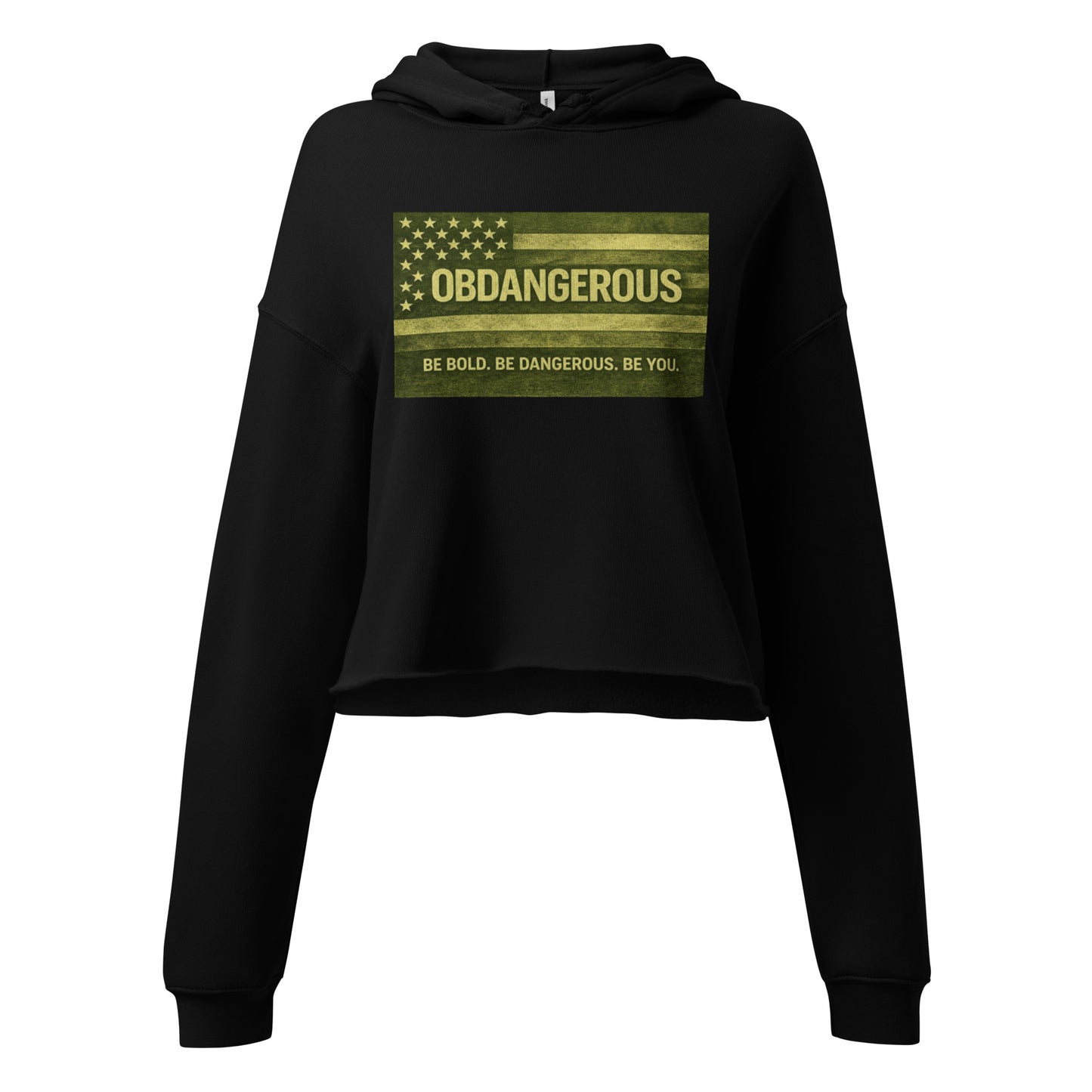 Black women's cropped hoodie from OB DANGEROUS with "BE Bold BE You" print, designed for gym and street wear.