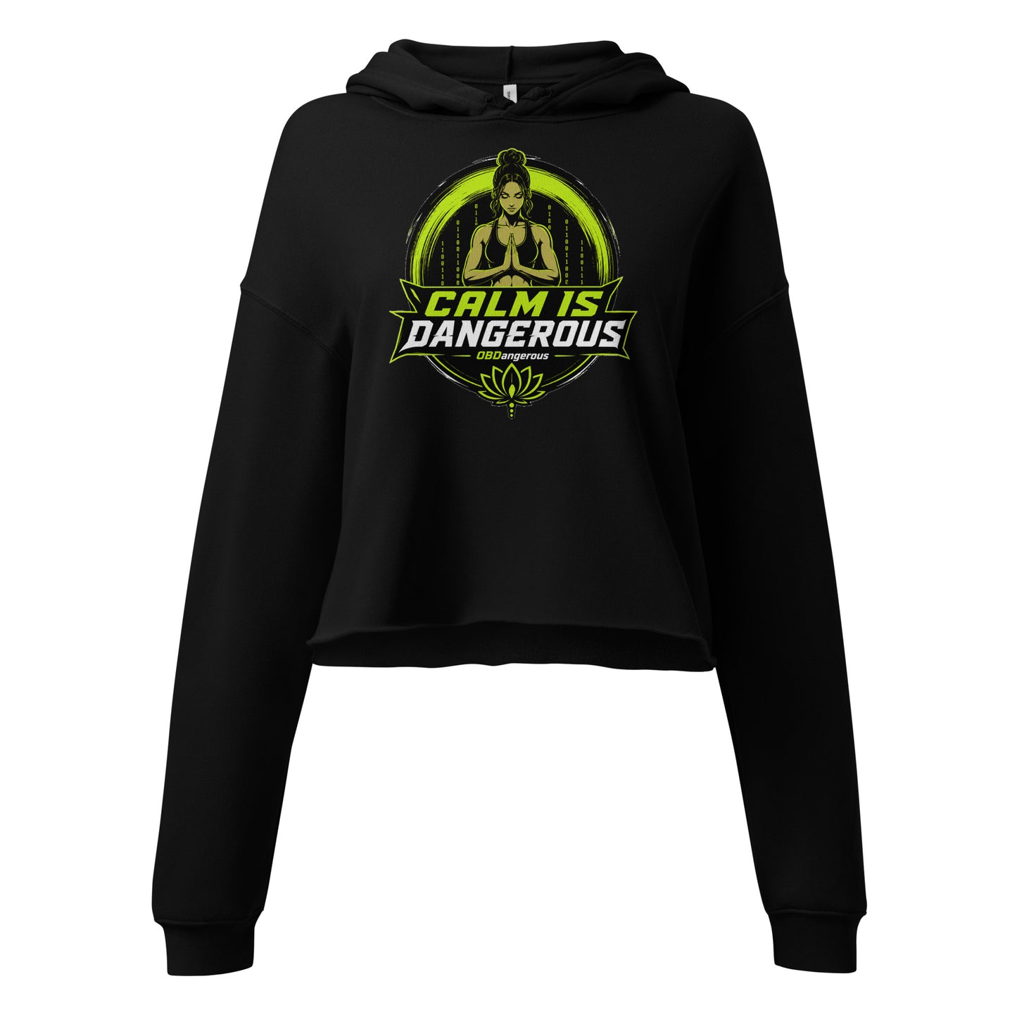 Black women's cropped hoodie from OB DANGEROUS, designed for gym and street wear, shown front view.