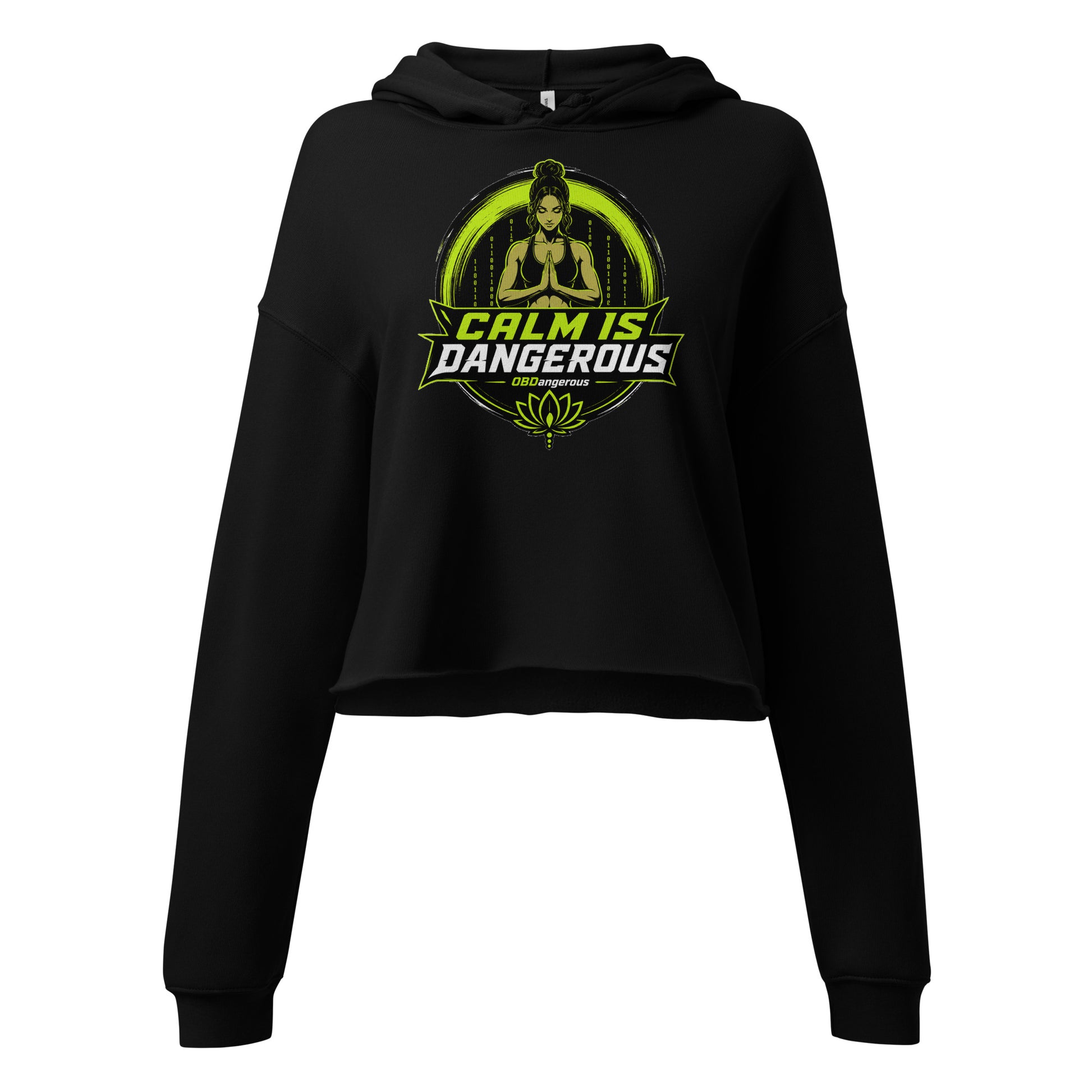 Black women's cropped hoodie from OB DANGEROUS, designed for gym and street wear, shown front view.