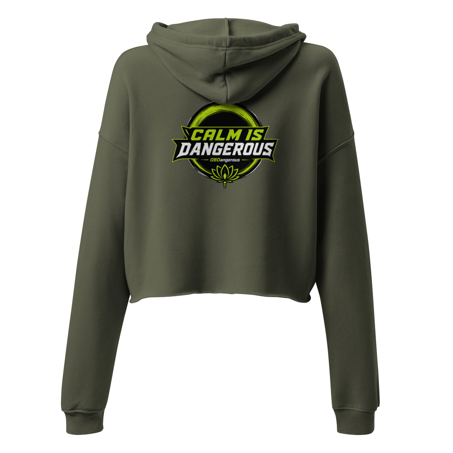 Women's military green cropped hoodie from OB DANGEROUS, designed for gym and street, shown from the back.