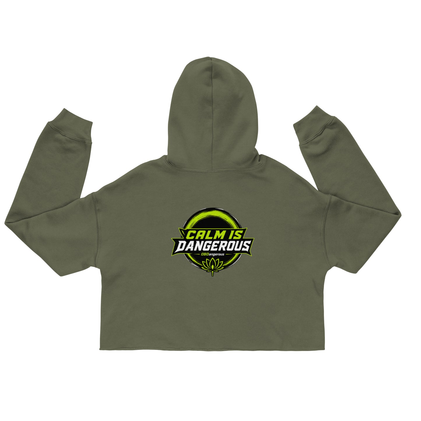 Women's military green TAO OBD Crop Hoodie, stylish streetwear hoodie with back design by OB DANGEROUS for gym and casual wear.