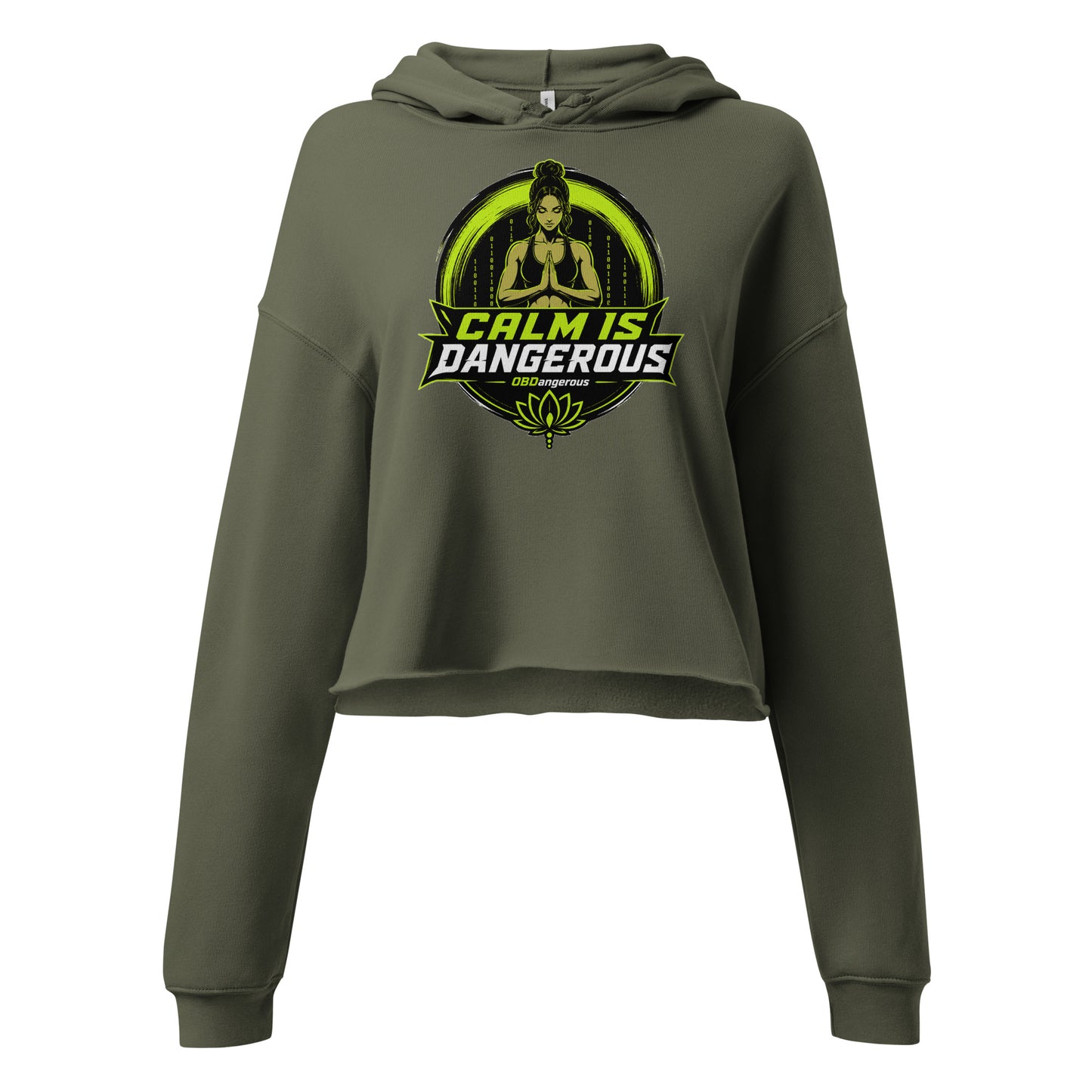 Women's military green TAO OBD crop hoodie, designed for gym and street, featuring a front view and casual fit.