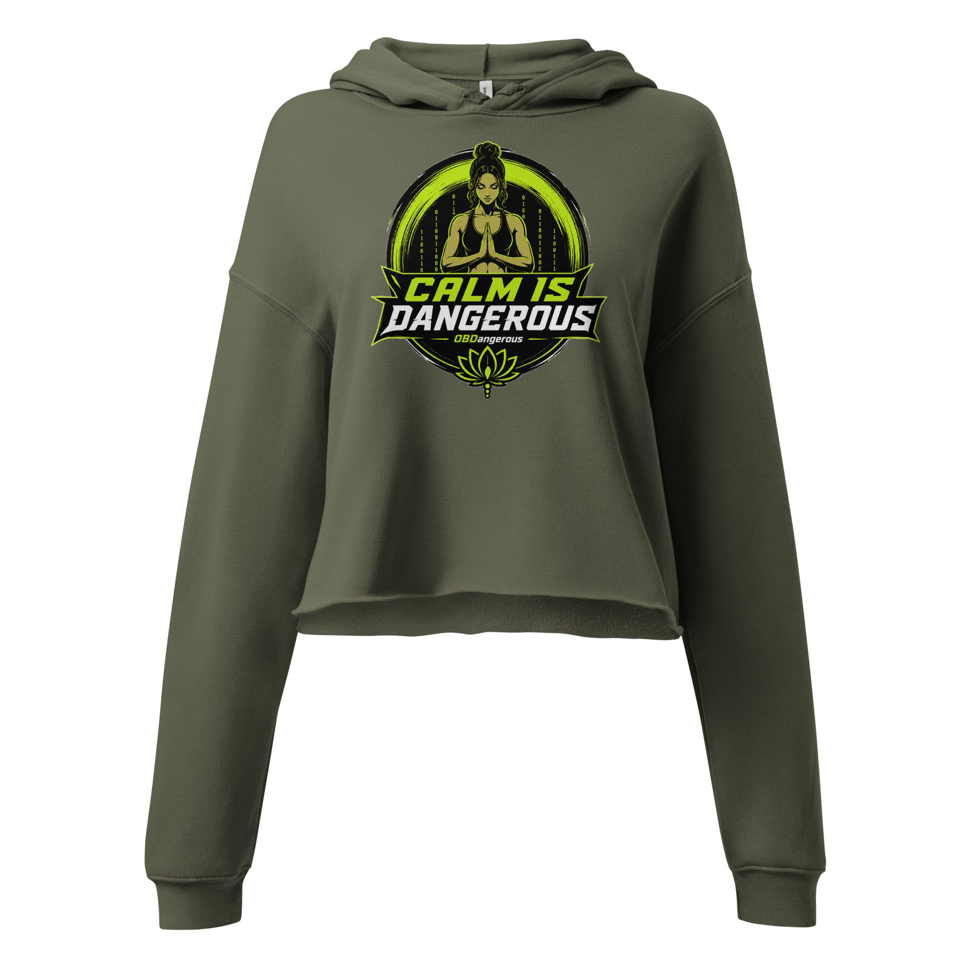 Women's military green TAO OBD crop hoodie, designed for gym and street, featuring a front view and casual fit.