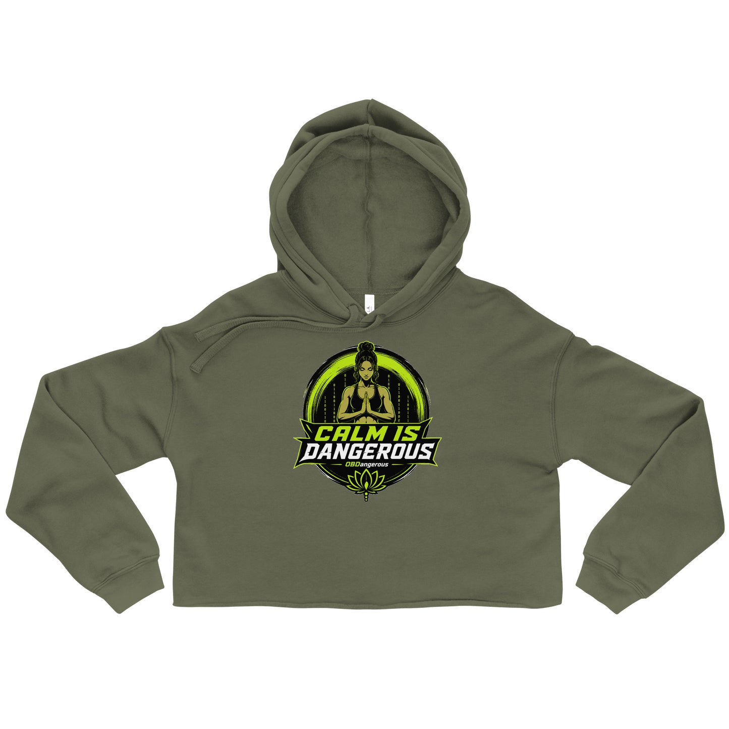 Women's military green OB DANGEROUS TAO OBD Crop Hoodie, front view, casual streetwear style, comfortable fit.