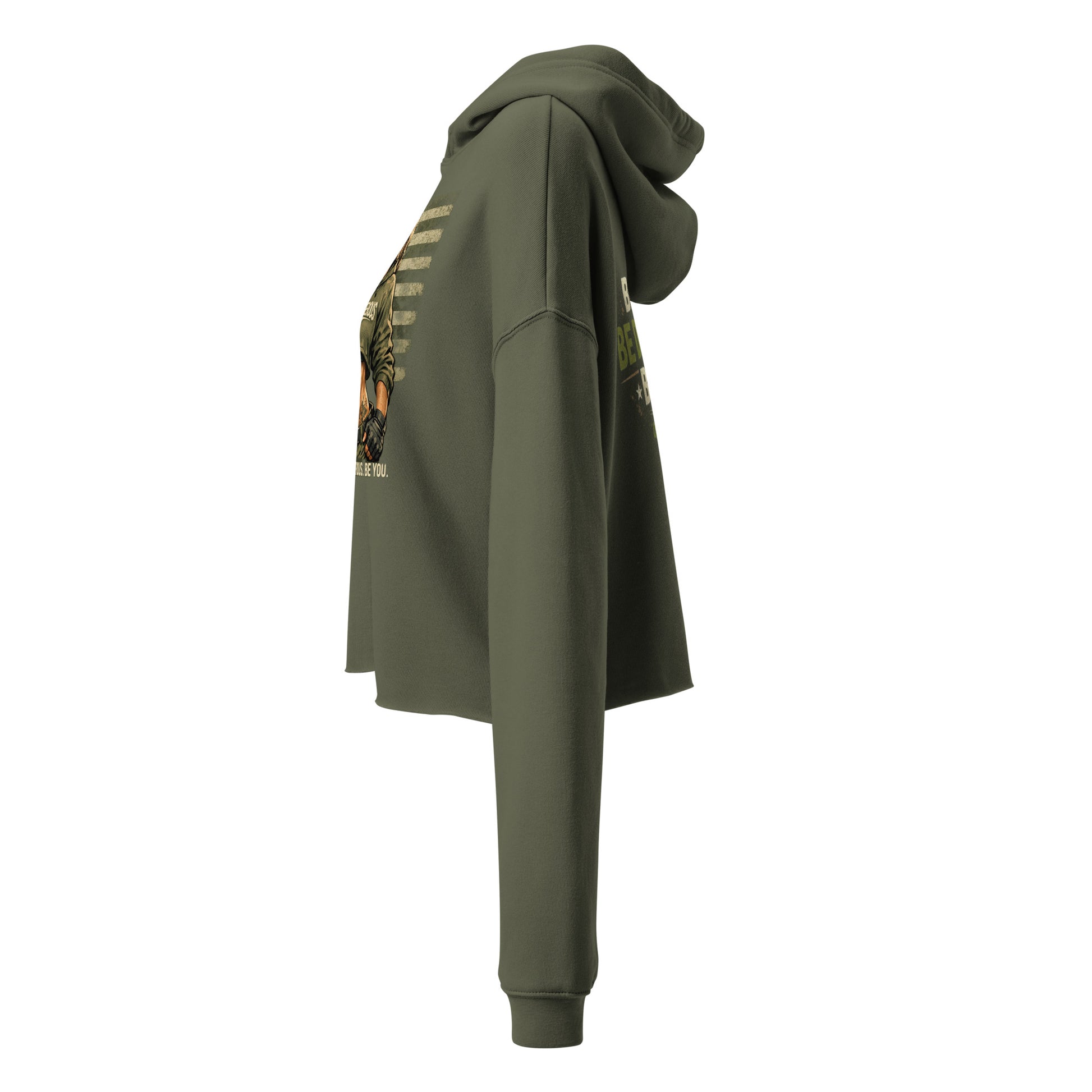 Women's military green cropped hoodie by OB Dangerous, featuring bold "BE Bold BE Dangerous" text, designed for gym and streetwear.